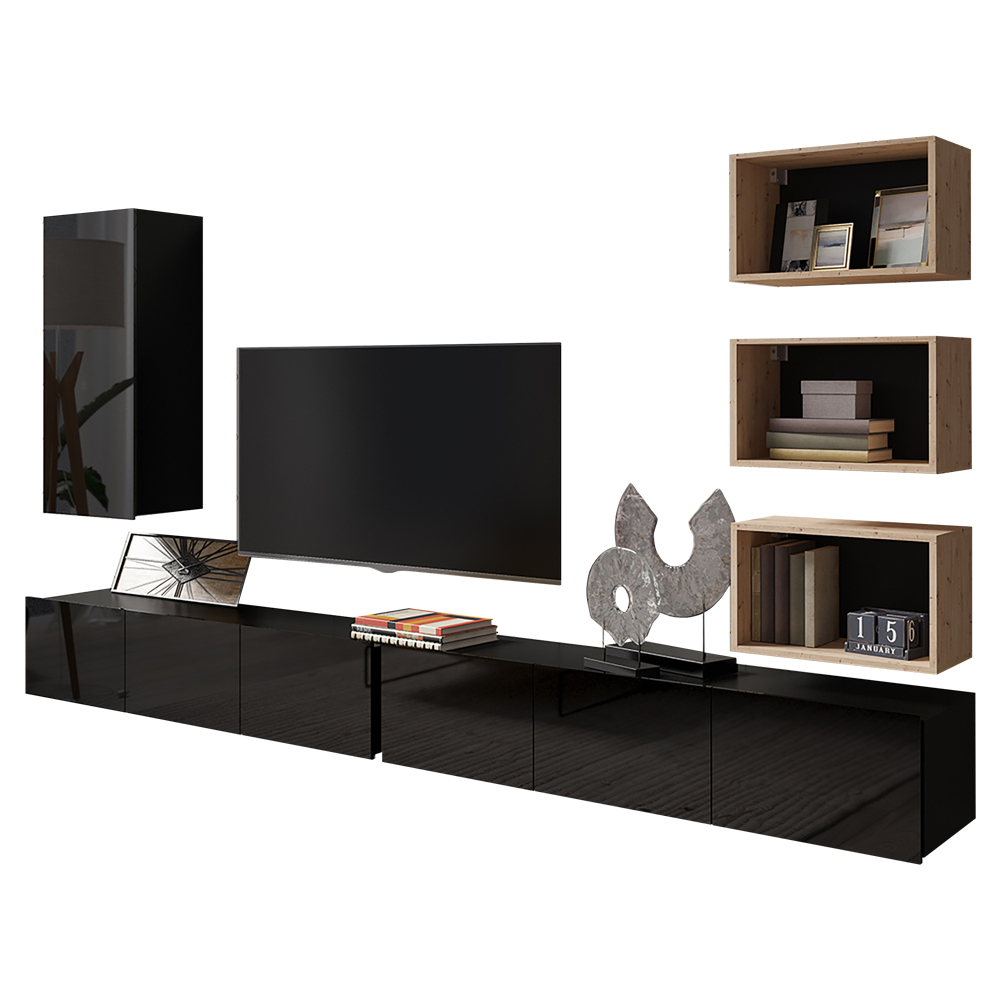 Meblościanka Kirdon z trzema otwartymi półkami i jedną zamkniętą Czarny / Dąb artisan  - zdjęcie 1