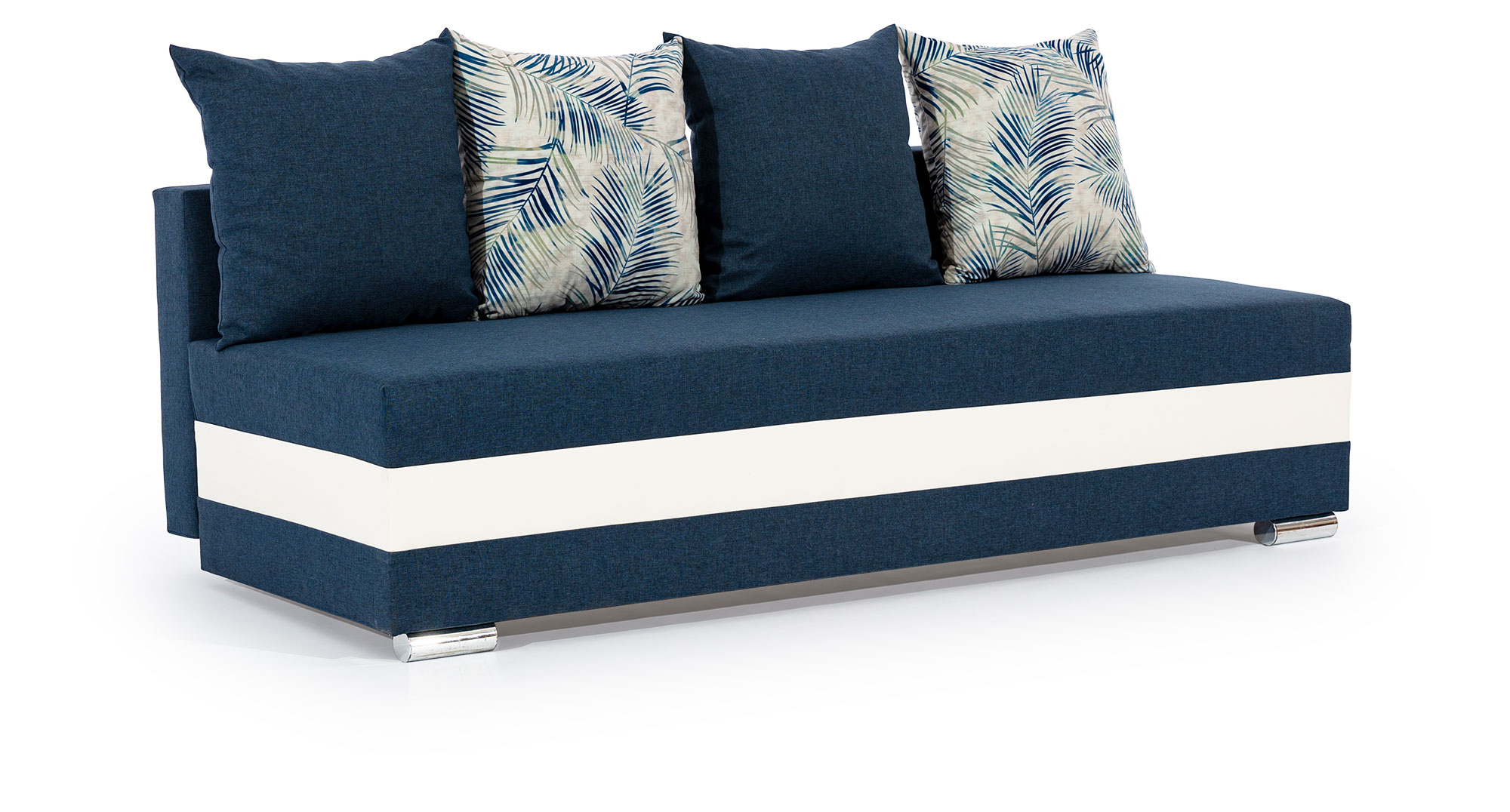 Kanapa rozkładana dwuosobowa Louredo z pojemnikiem granatowa / kremowa plecionka / ekoskóra z poduszkami z roślinnym motywem - zdjęcie 1