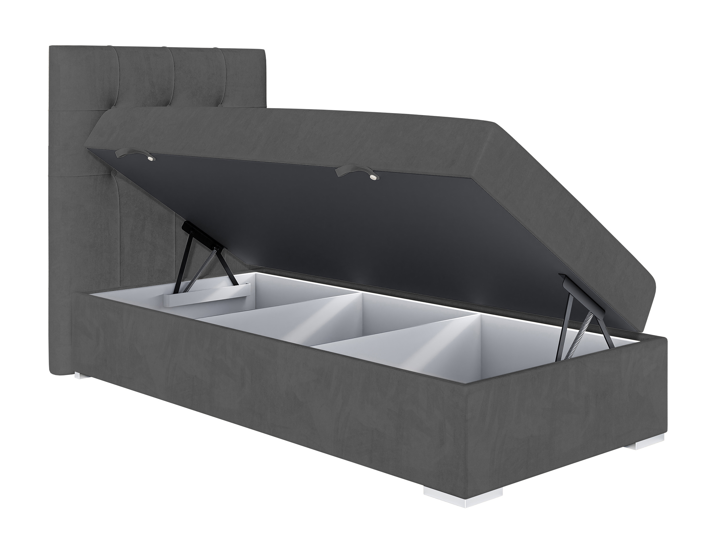 Łóżko kontynentalne 90x200 cm Tondela z pojemnikiem i topperem ciemnoszare welur hydrofobowy lewostronne