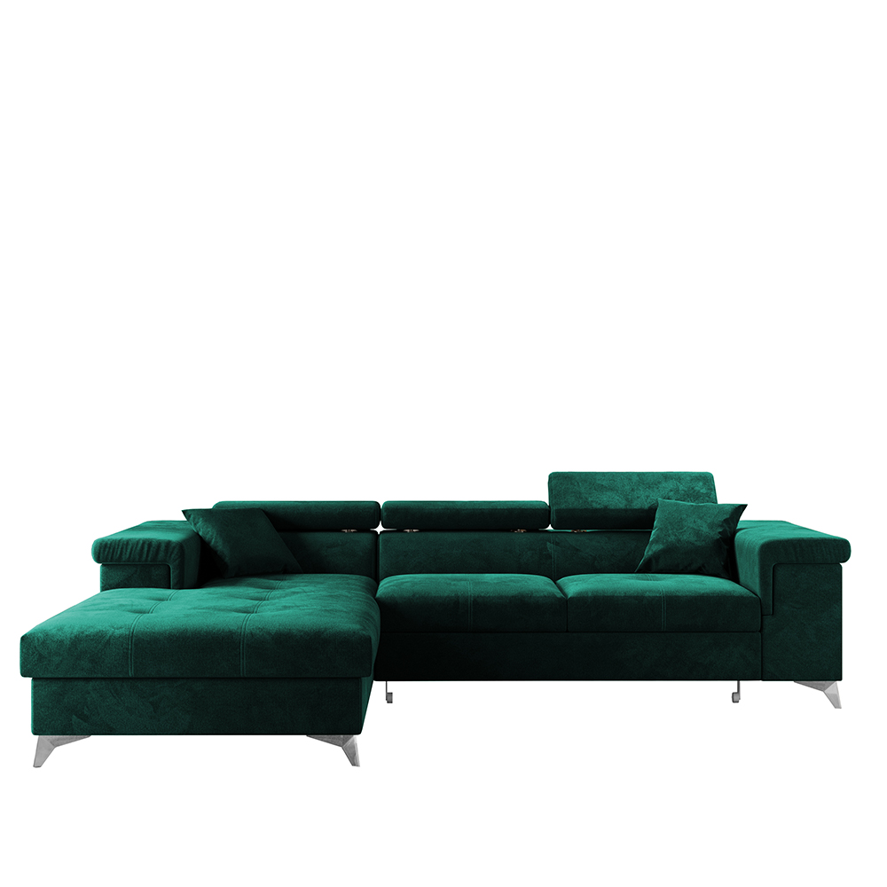 Narożnik z funkcją spania Mikkara L-kształtny z pojemnikiem zielony welur hydrofobowy lewostronny - zdjęcie 1