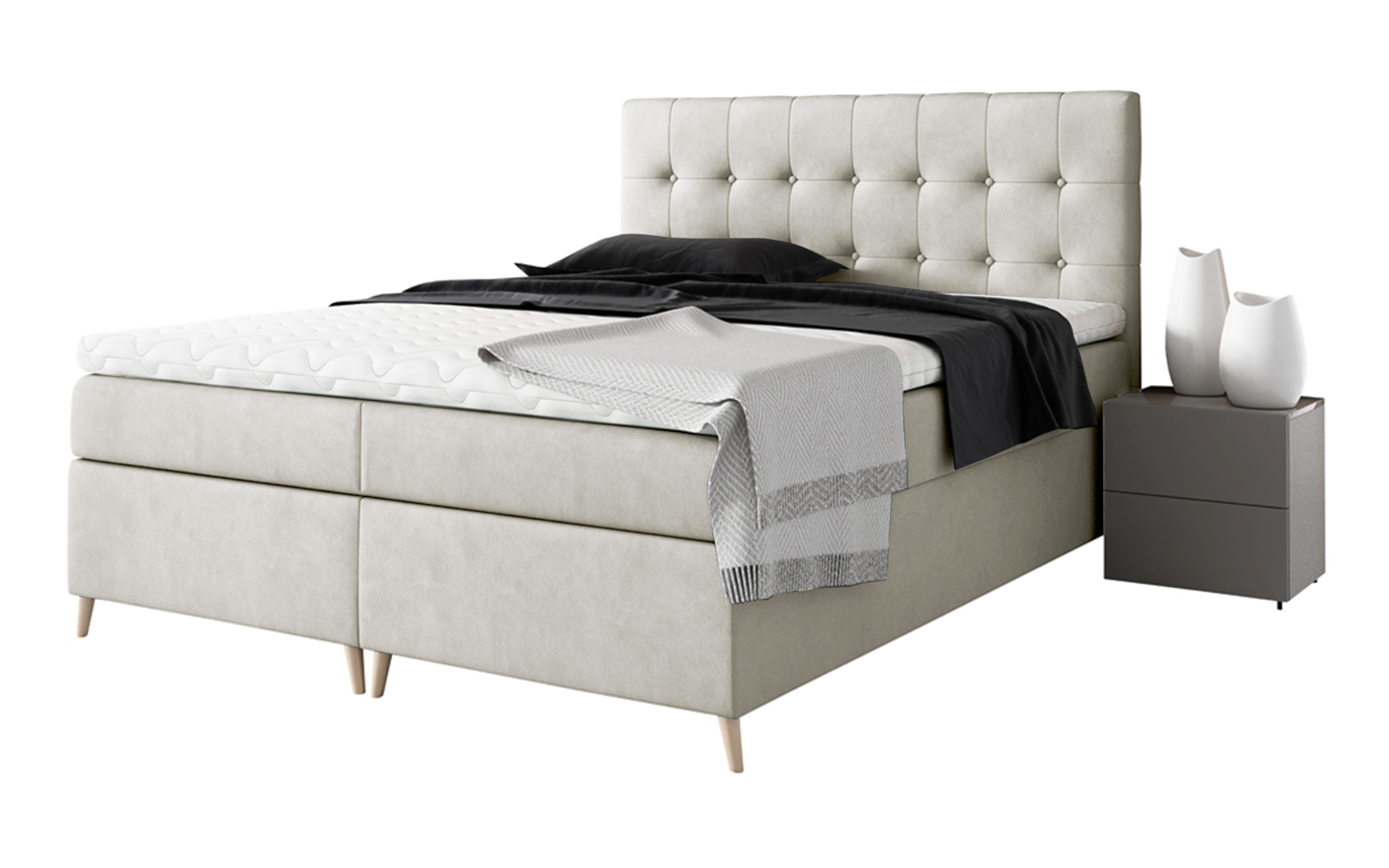 Łóżko kontynentalne Merrans 140x200 z dwoma pojemnikami, materacem i topperem kremowe hydrofobowe - zdjęcie 1