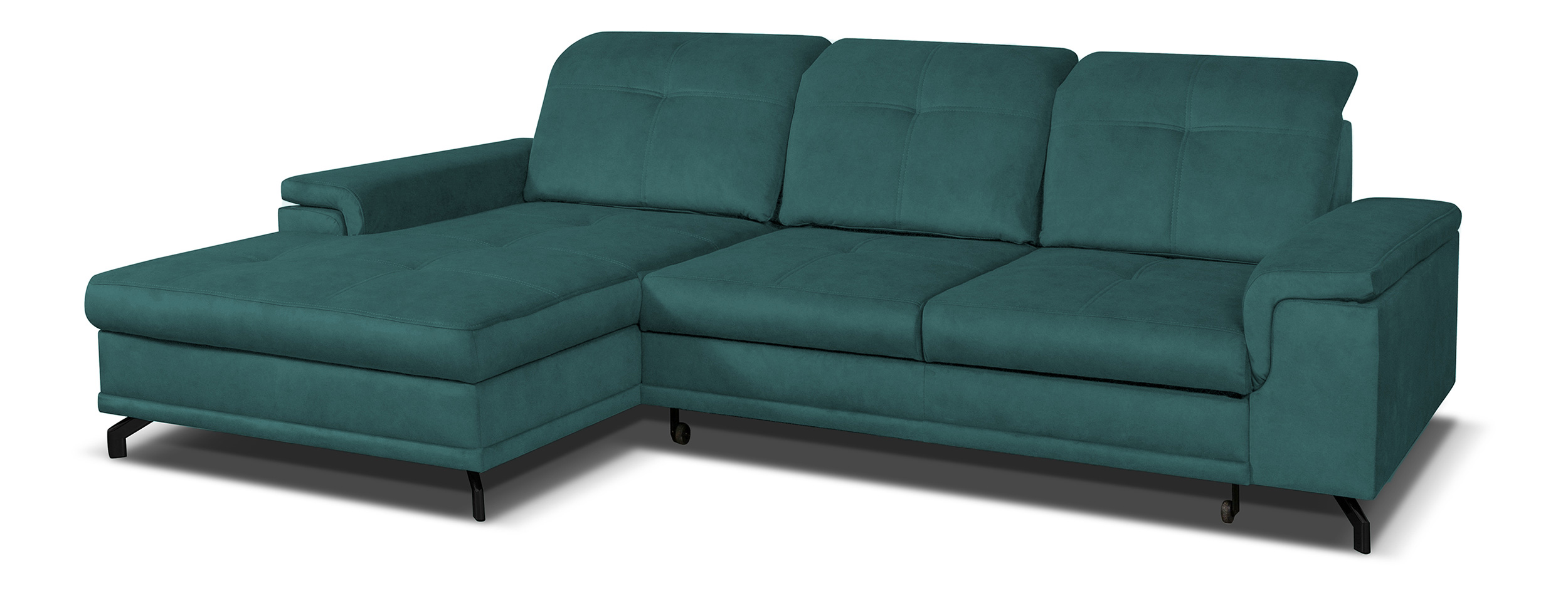 Narożnik z funkcją spania Berberati L-kształtny zielony nogi czarne velvet hydrofobowy z pojemnikiem lewostronny