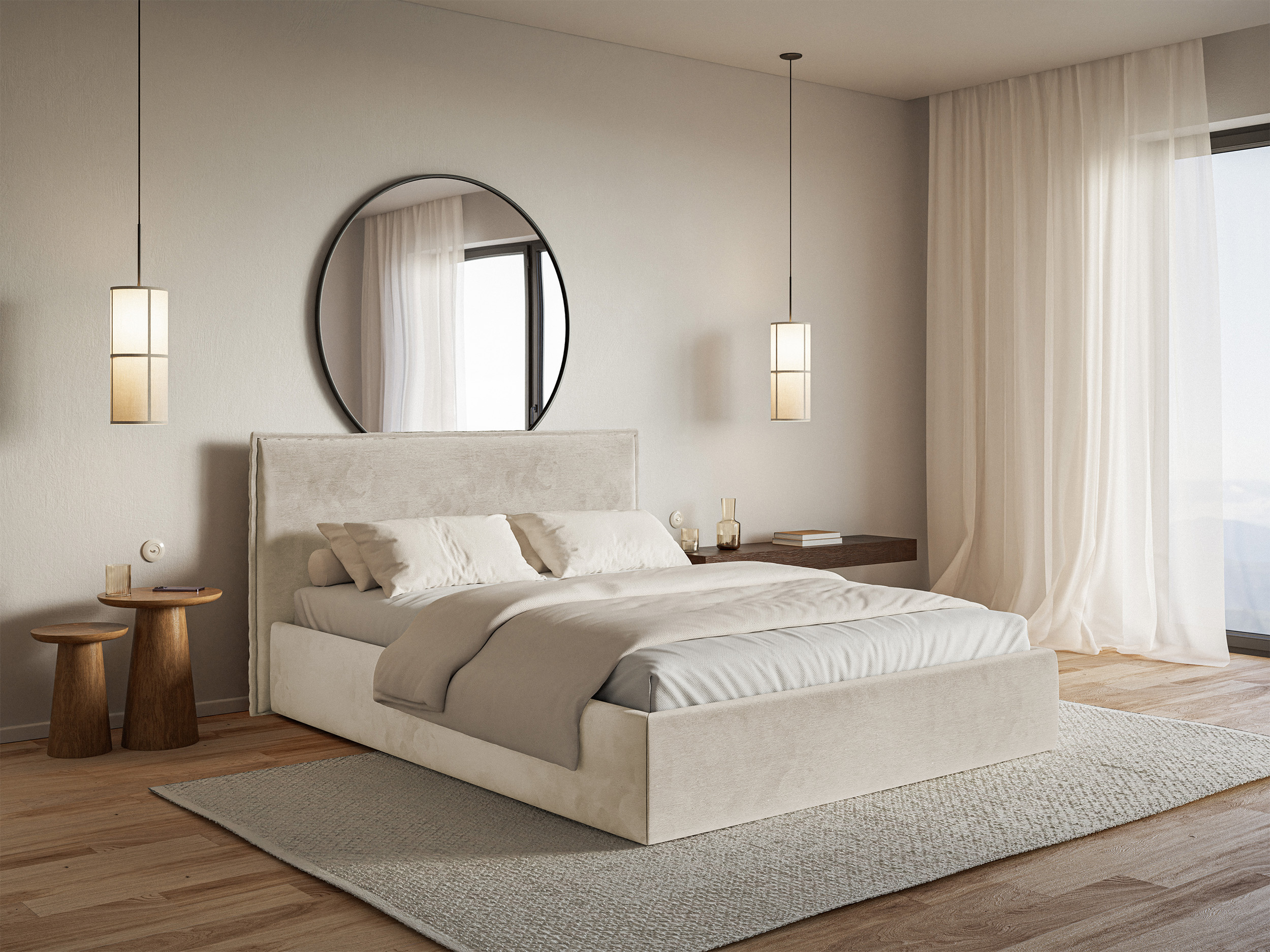 Łóżko tapicerowane 140x200 cm Softie Slim z pojemnikiem beżowe welur hydrofobowy stelaż metalowy