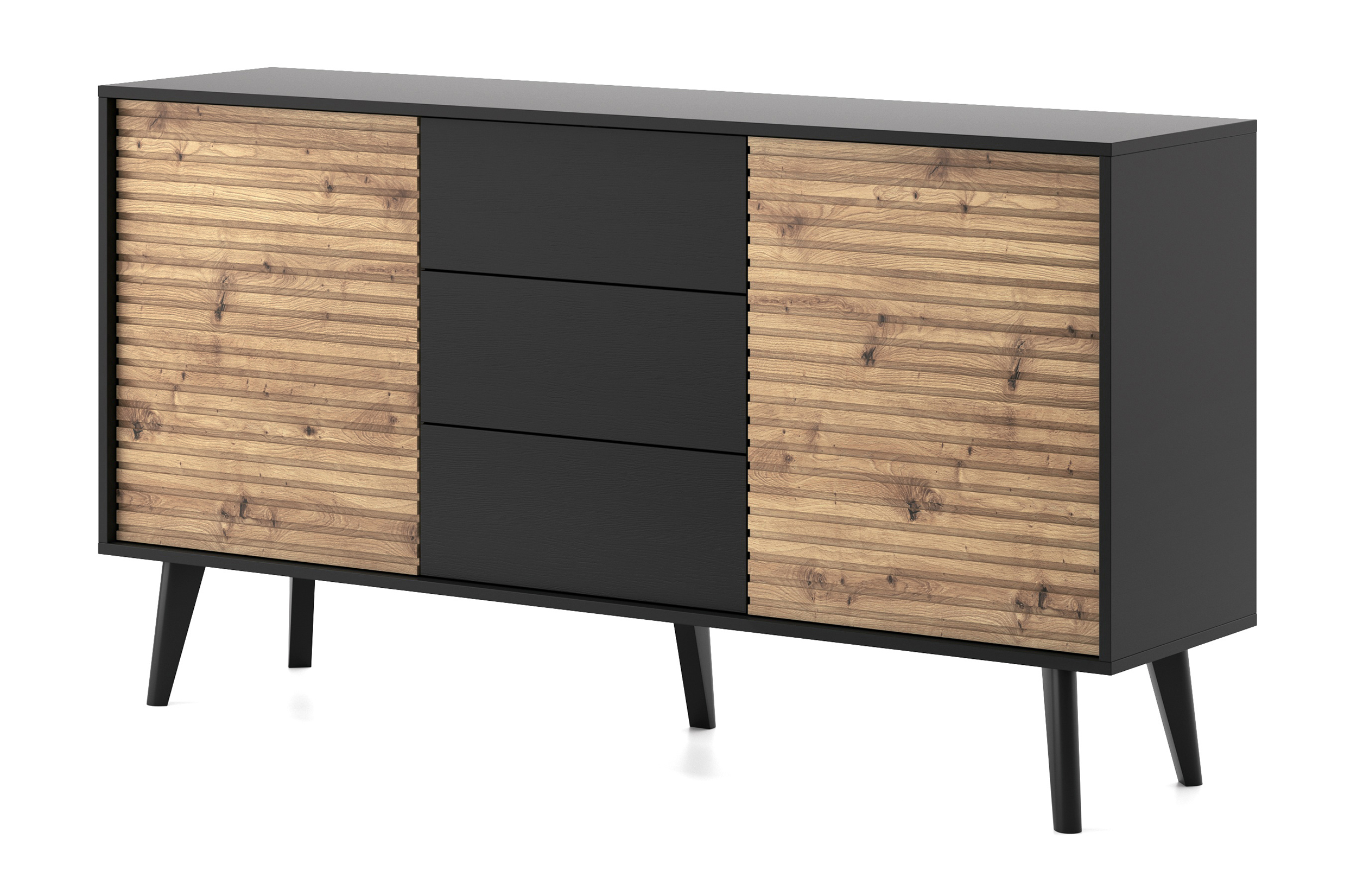 Komoda dwudrzwiowa Awolia 154 cm z trzema szufladami czarna/dąb artisan lamele - zdjęcie 1