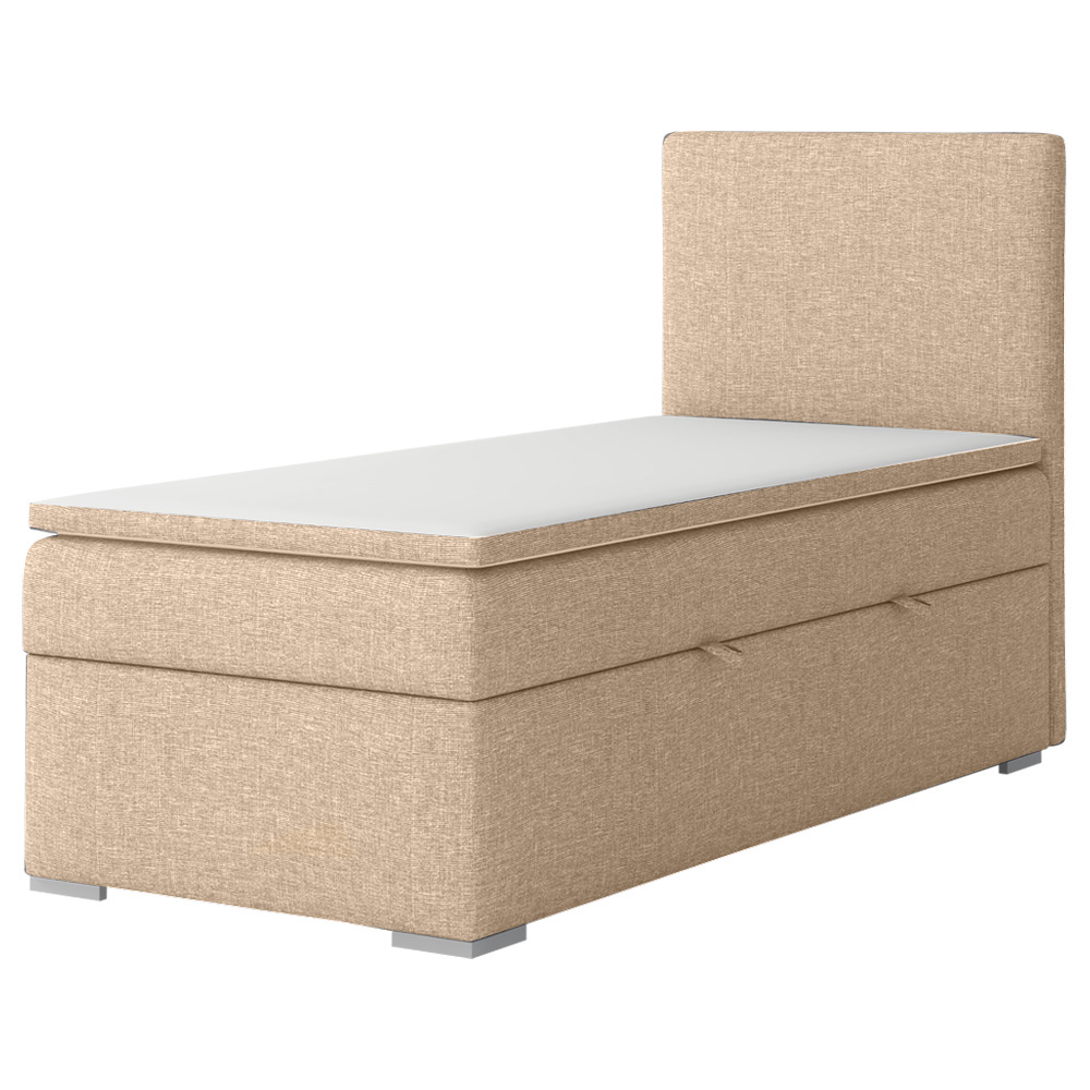 Łóżko kontynentalne jednoosobowe z pojemnikiem i topperem Mechico 90x200 cm beżowe plecionka prawostronne - zdjęcie 1