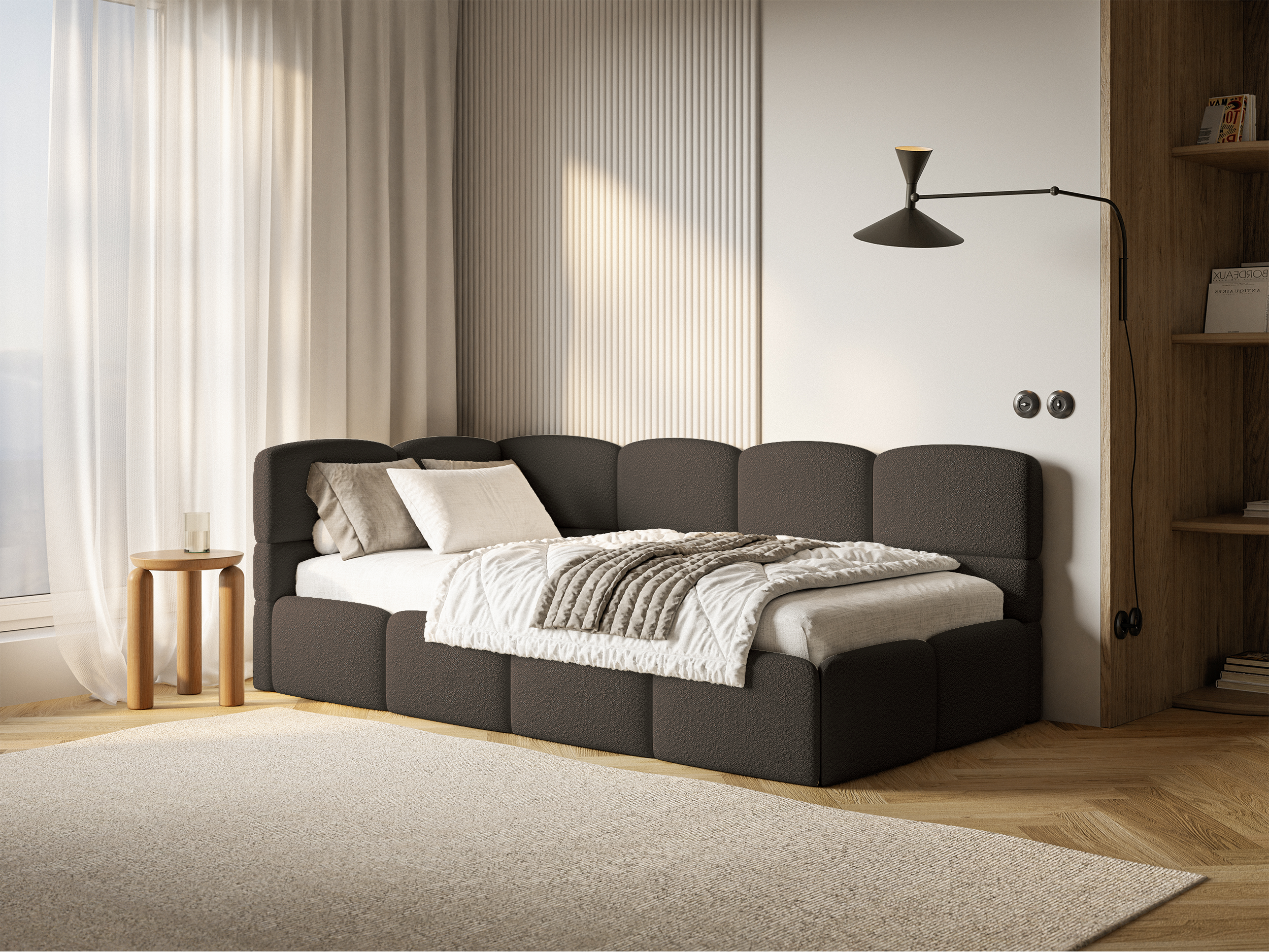 Łóżko młodzieżowe 90x200 cm Cloudy lewostronne z pojemnikiem brązowe boucle