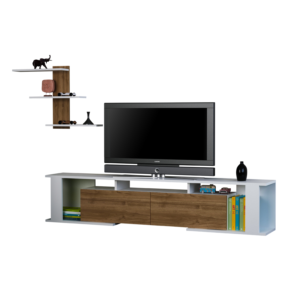 Szafka RTV Monetti biała z orzechowymi elementami z półką