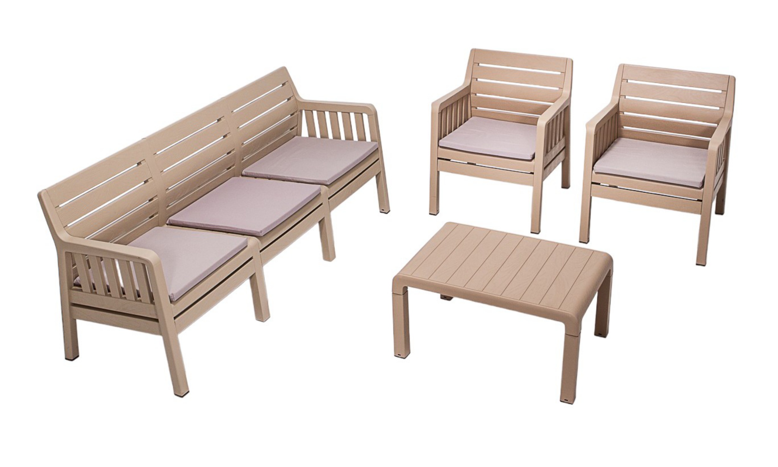 Zestaw ogrodowy pięcioosobowy Scrally ze stolikiem z tworzywa sztucznego i poduchami beżowy - zdjęcie 1