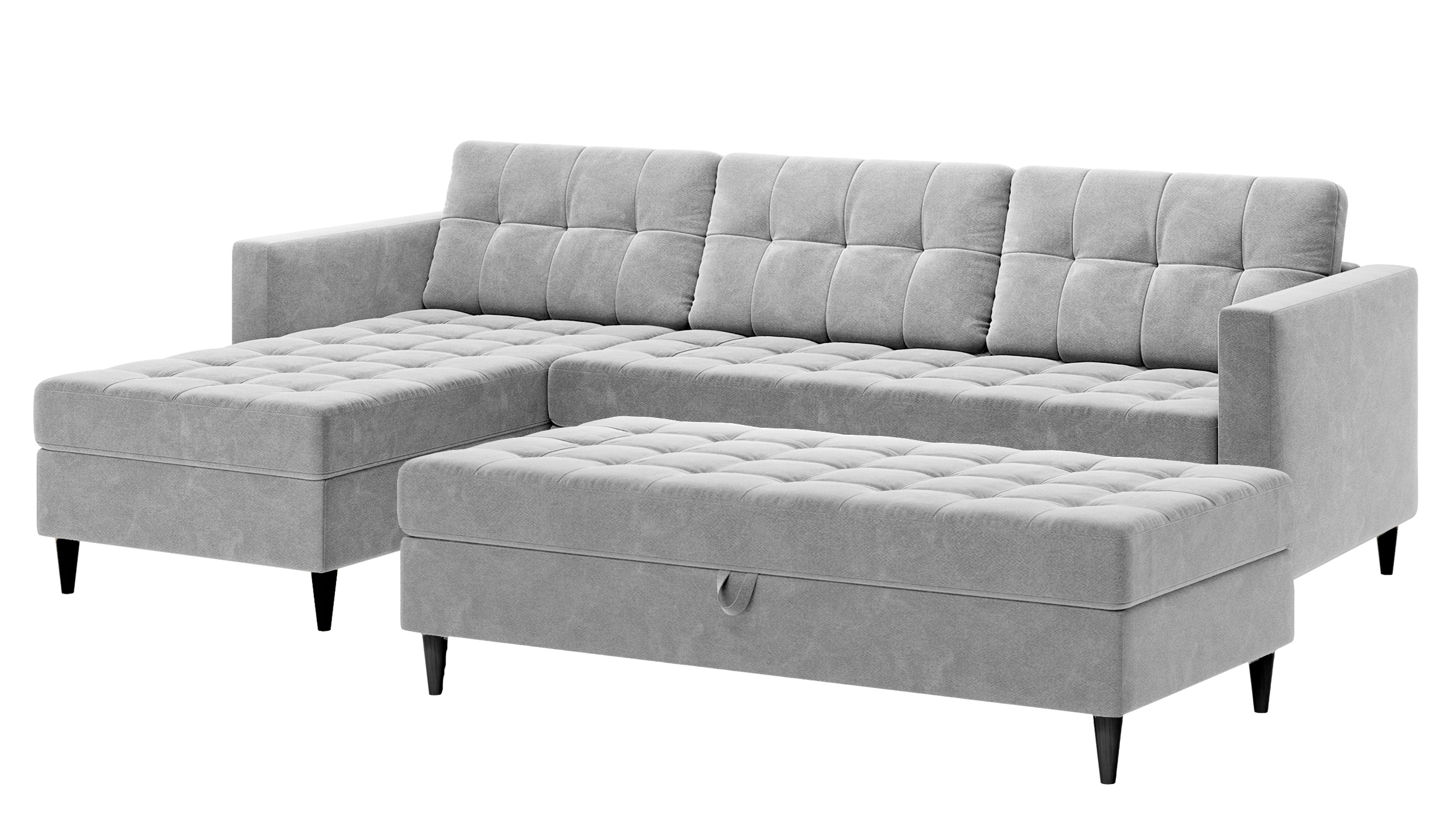 Narożnik Kopenhaga szary welur hydrofobowy czarne drewniane nóżki z pufą - zdjęcie 1