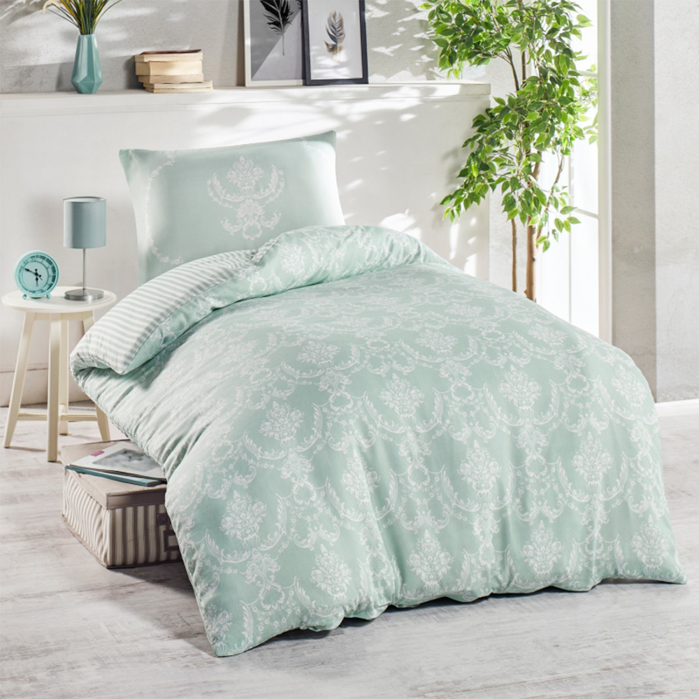 Komplet pościeli Sheana 140x220 cm z poszewką na poduszkę 50x70 cm zdobienia na miętowym tle - zdjęcie 1
