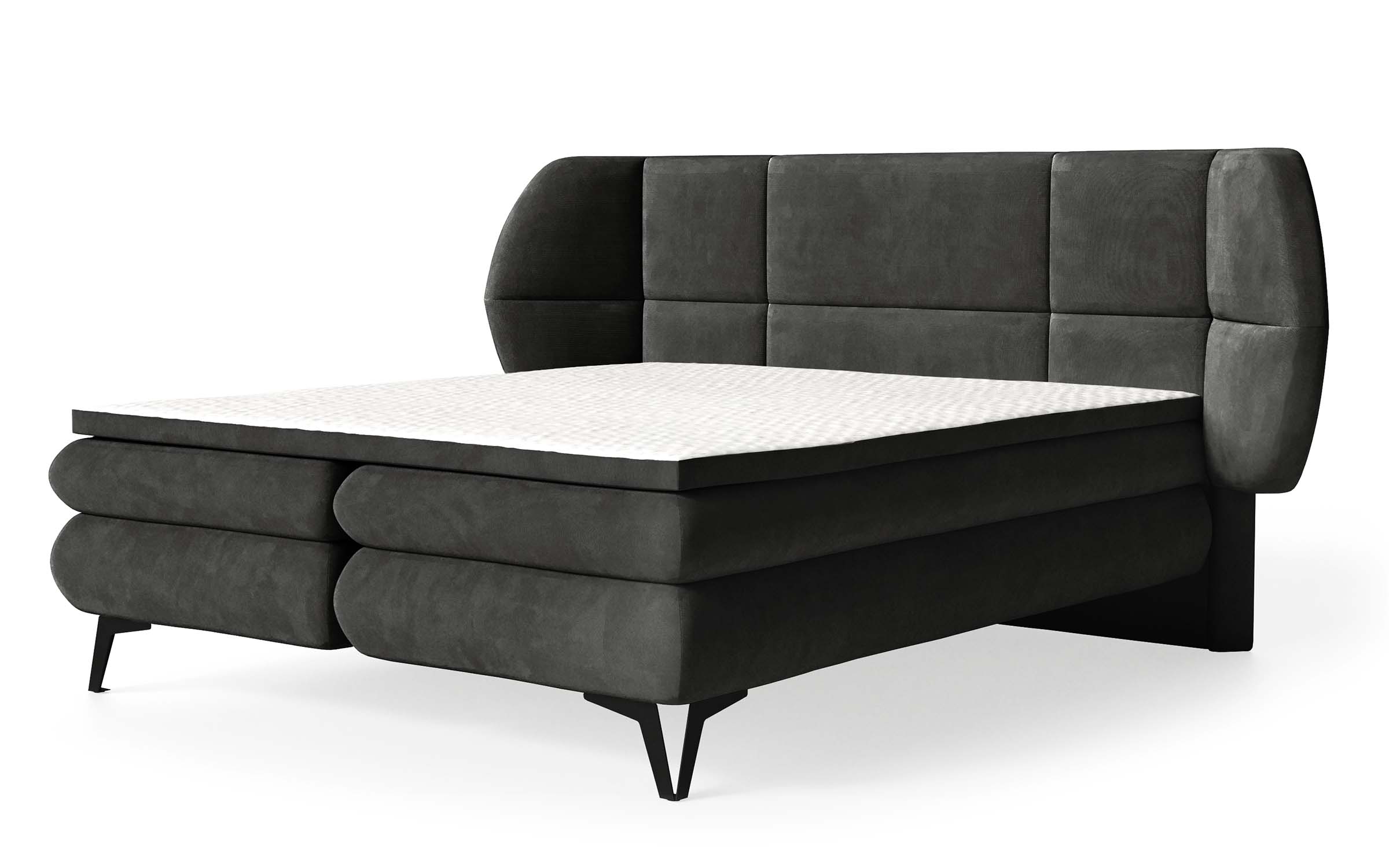 Łóżko kontynentalne 160x200 cm Cermone z pojemnikami i topperem panelowe przeszycia na wezgłowiu ciemnoszare - zdjęcie 1