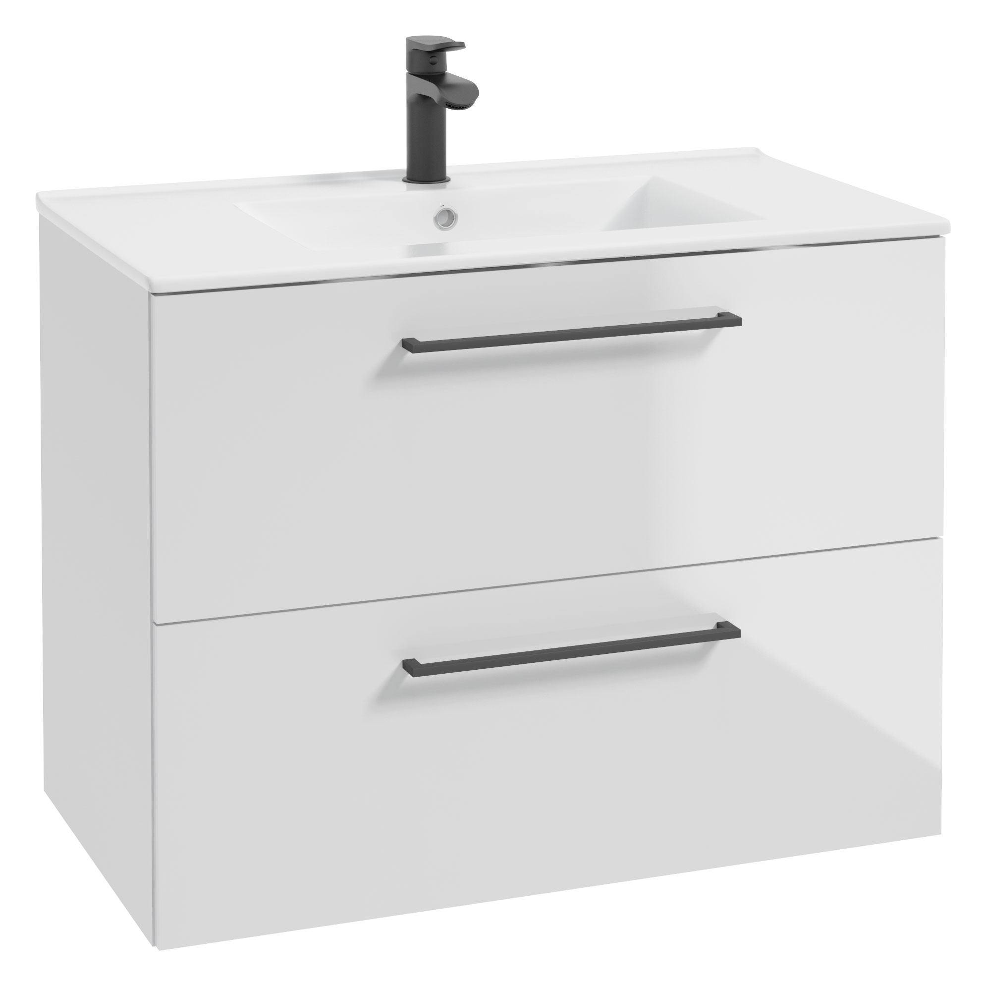 Szafka z umywalką Modullac 80 cm biały połysk z dwiema szufladami i czarnym uchwytem - zdjęcie 1