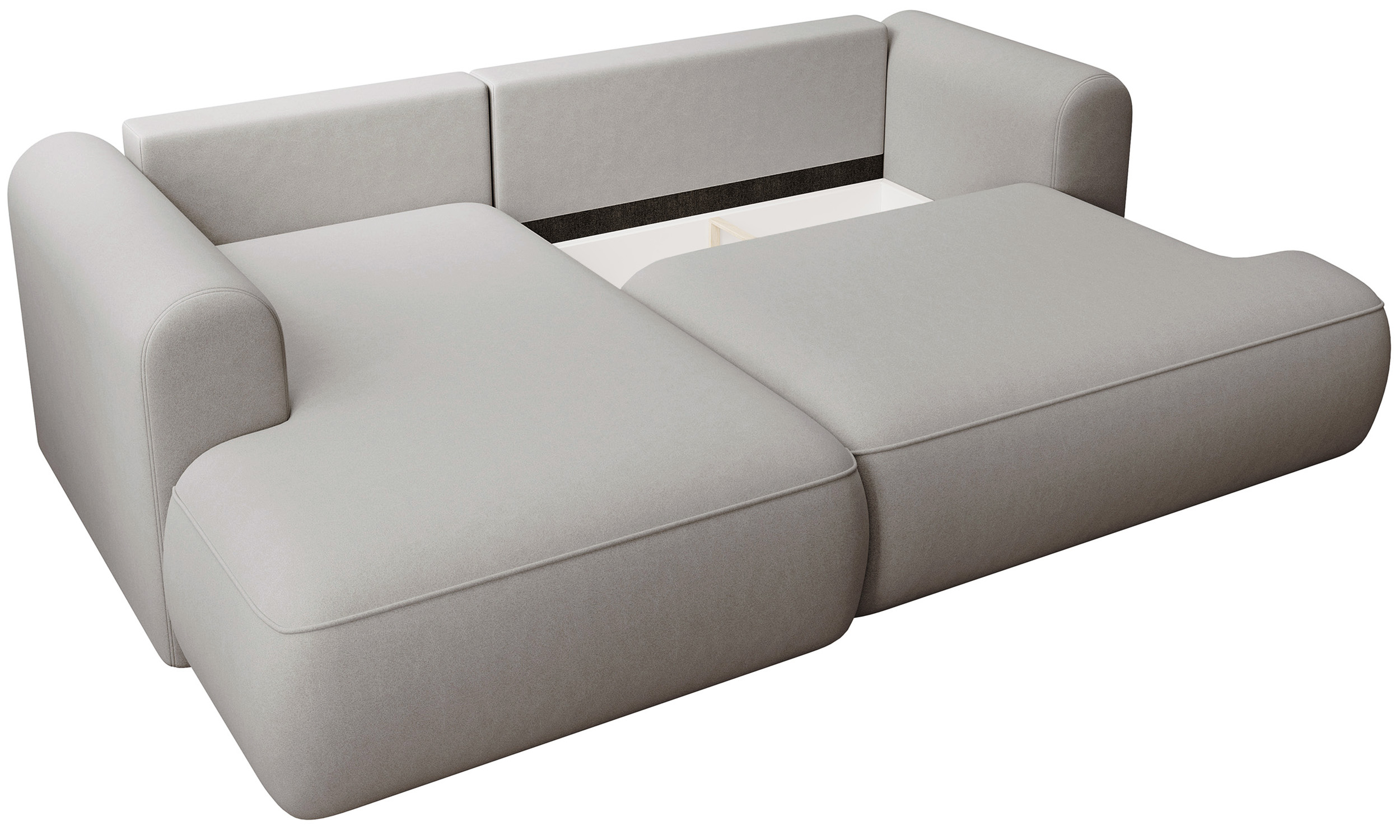 Szary narożnik Ovo mini L-kształtny z funkcją spania i pojemnikiem na pościel.