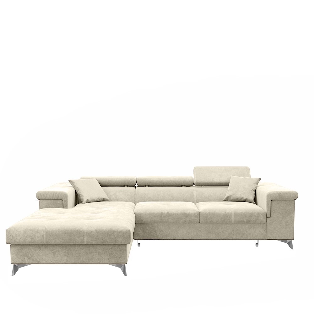 Narożnik z funkcją spania Mikkara L-kształtny z pojemnikiem beżowy w tkaninie hydrofobowej lewostronny - zdjęcie 1