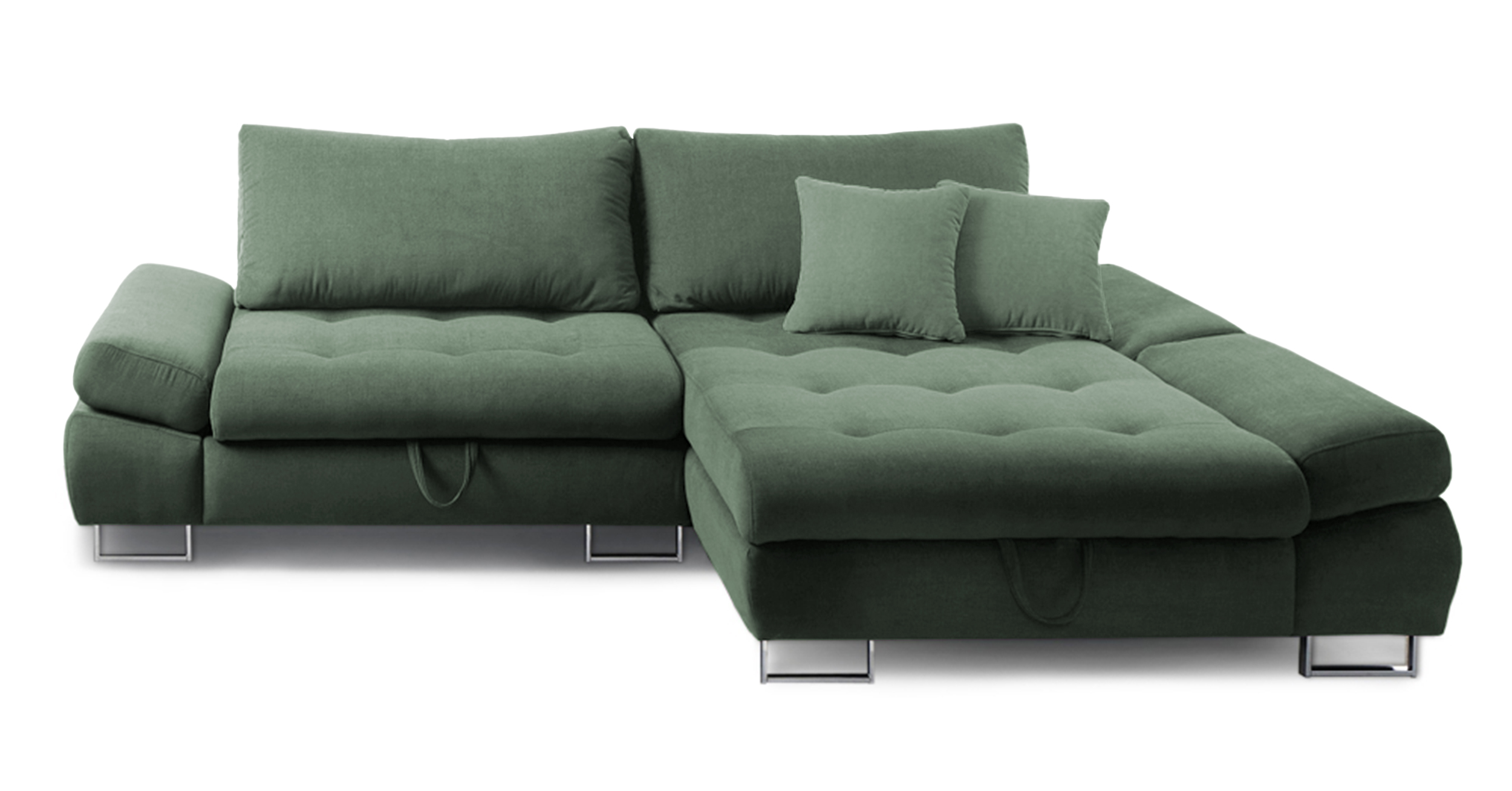 Narożnik z funkcją spania Novella z pojemnikiem zielony w tkaninie hydrofobowej plecionka lewostronny - zdjęcie 1