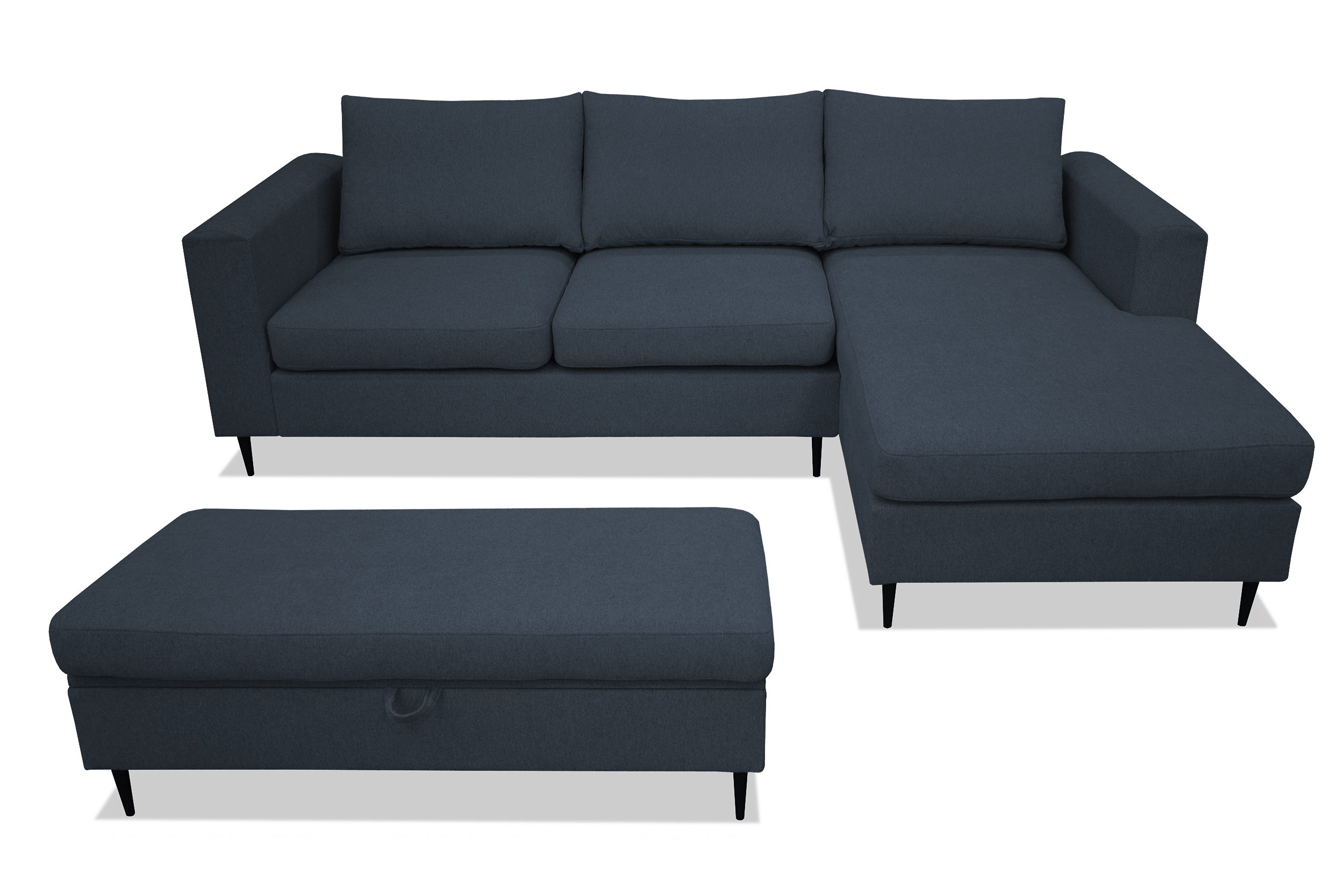 Narożnik z funkcją spania Barbiano z pufą granatowy plecionka hydrofobowa prawostronny - zdjęcie 1