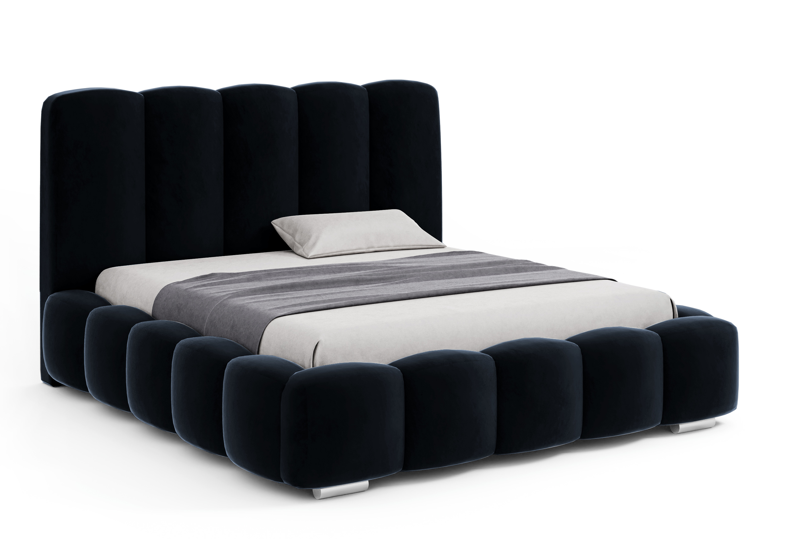 Łóżko tapicerowane 140x200 cm Kuglo z pojemnikiem stelaż metalowy granatowe welur - zdjęcie 1