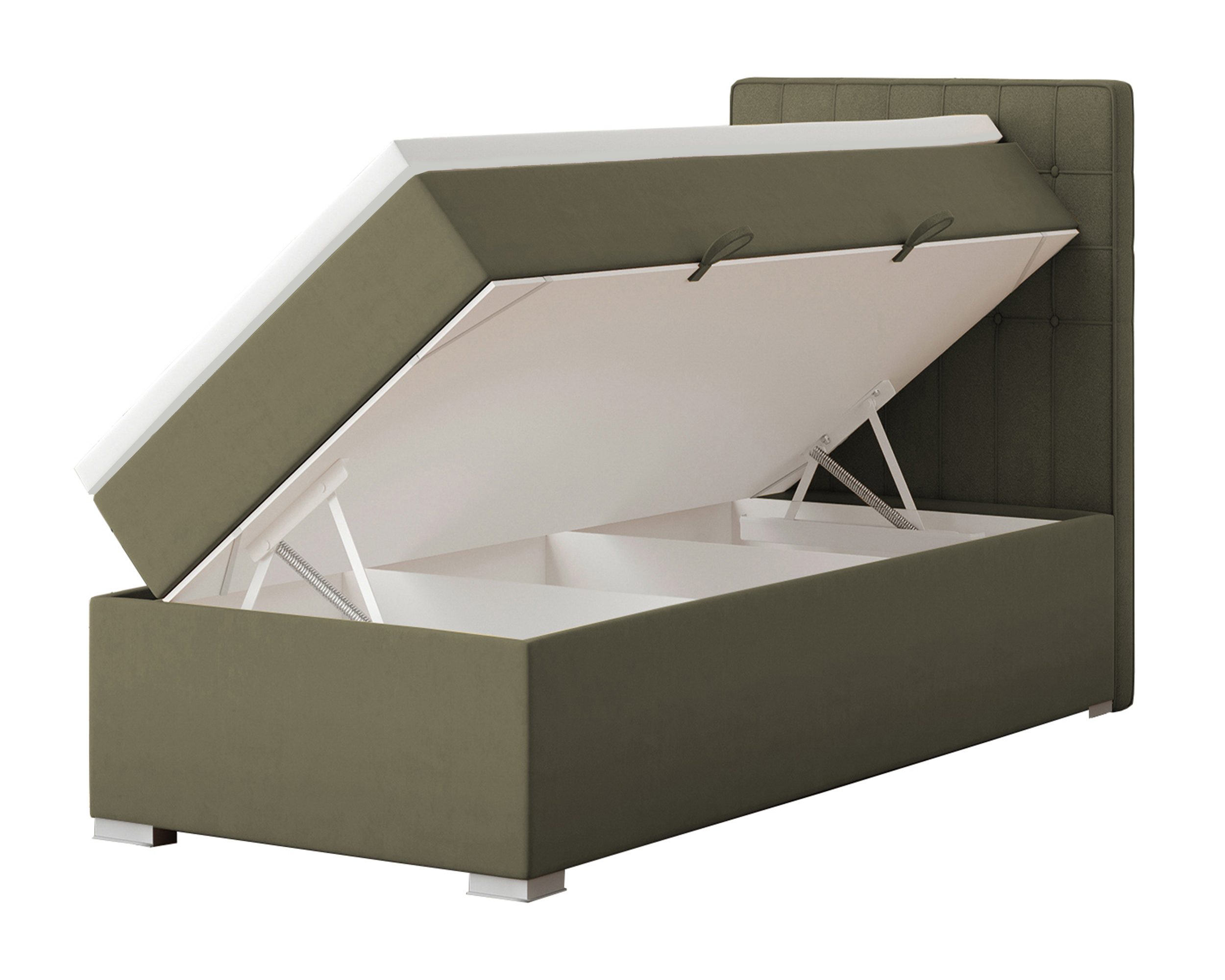Łóżko kontynentalne 90x200 cm Ketlin z pojemnikiem i topperem oliwkowe welur hydrofobowy prawostronne - zdjęcie 1