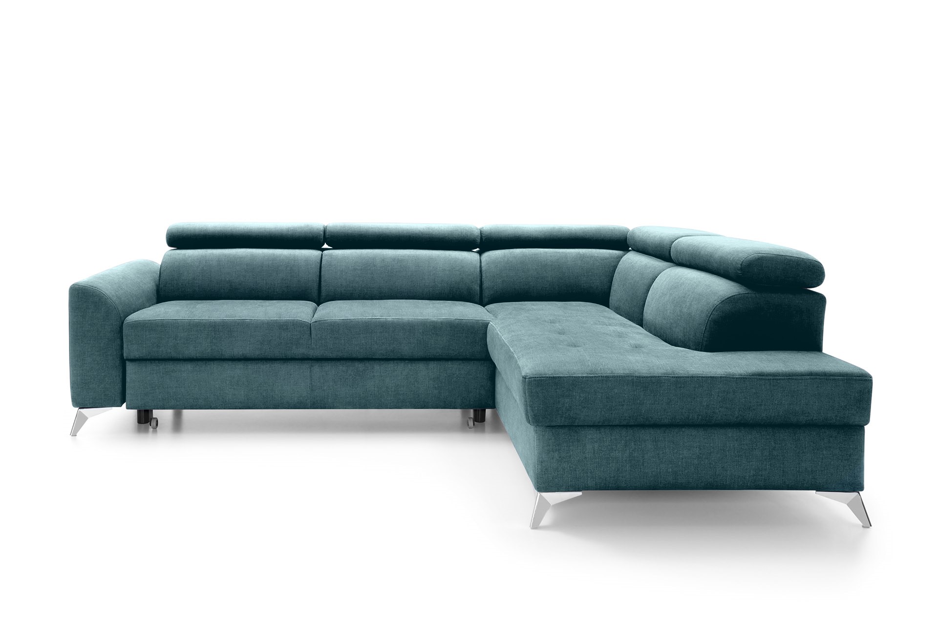 Narożnik z funkcją spania Beress L-kształtny z regulowanymi zagłówkami i pojemnikiem niebieski welwet łatwoczyszczący prawostronny