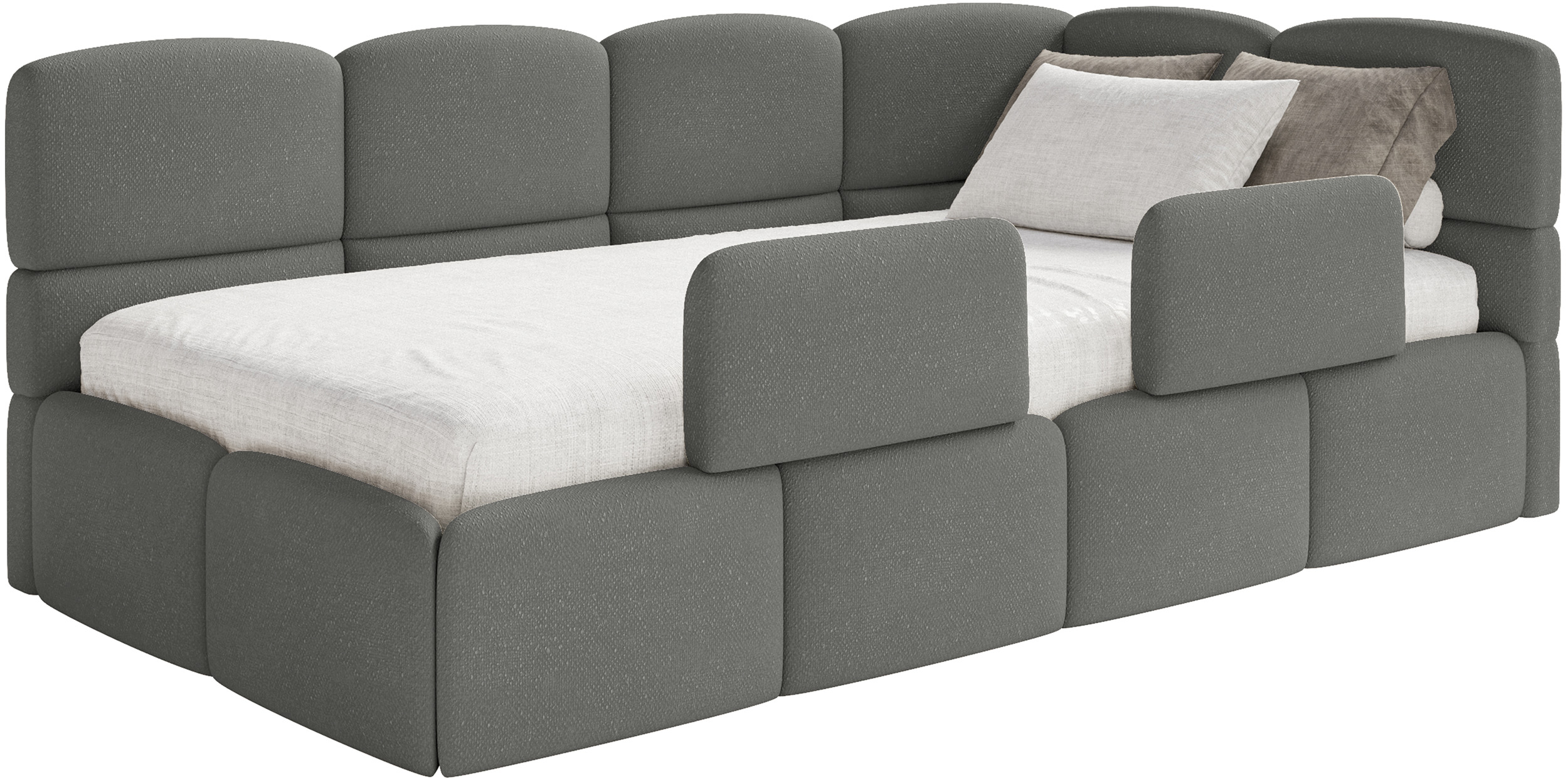 Łóżko młodzieżowe 90x200 cm Cloudy prawostronne z materacem pojemnikiem i barierkami ciemnoszare szenil