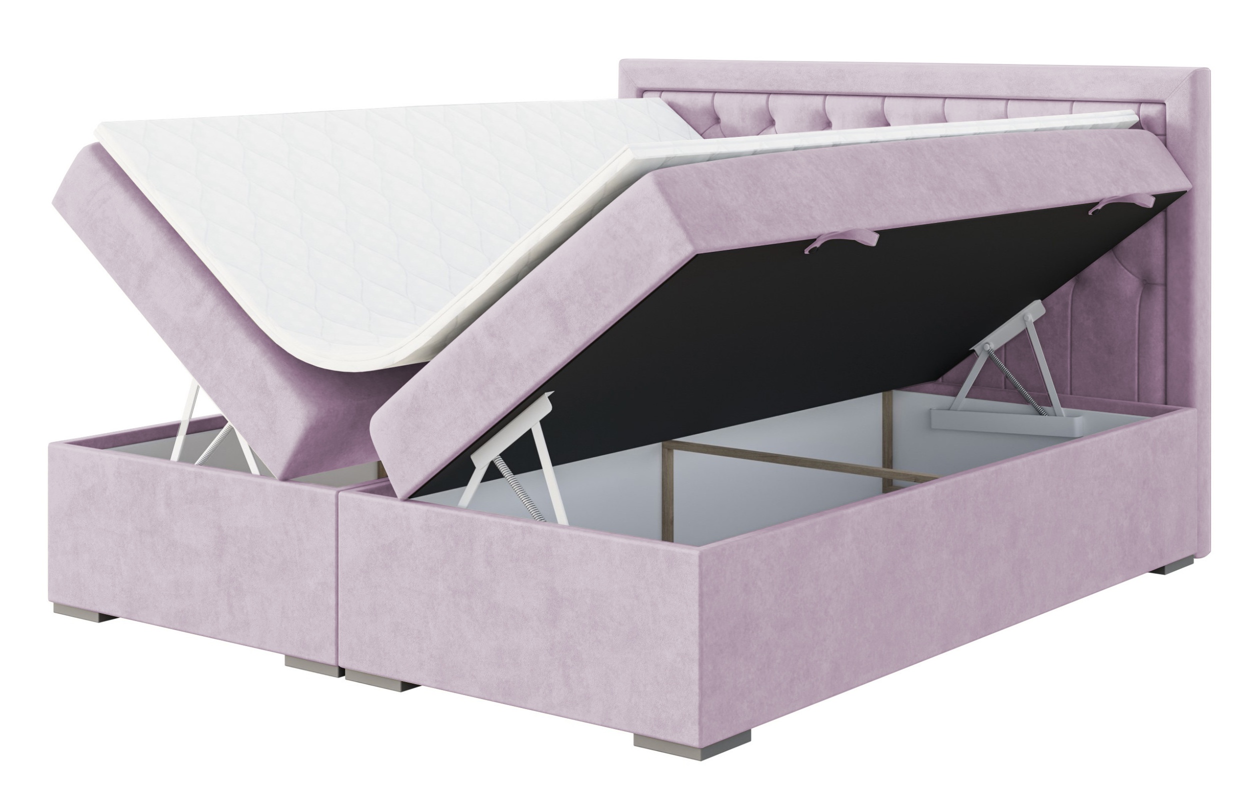 Łóżko kontynentalne 160x200 cm Periana z pojemnikami i topperem wrzosowe welur hydrofobowy