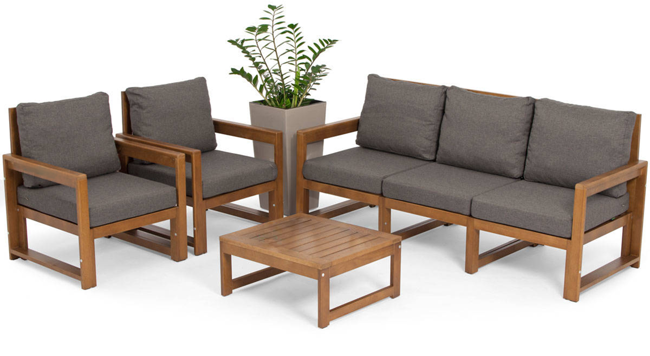 Zestaw mebli ogrodowych Ritalous z trzyosobową sofą, dwoma fotelami i stolikiem kawowym drewniany brązowy/grafitowy - zdjęcie 1