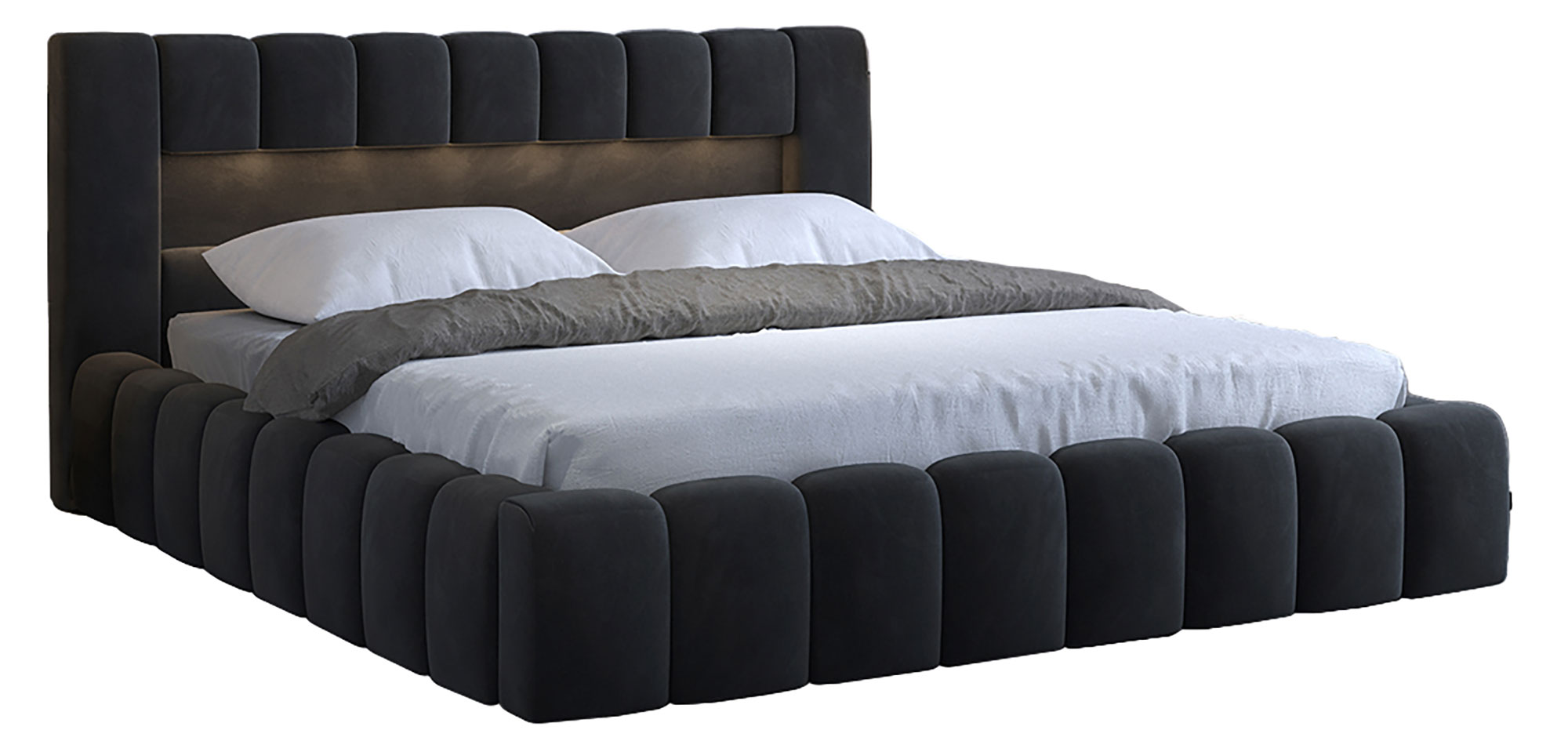 Łóżko tapicerowane 180x200 cm Rodeiro z pojemnikami i oświetleniem czarne welwet hydrofobowy - zdjęcie 1