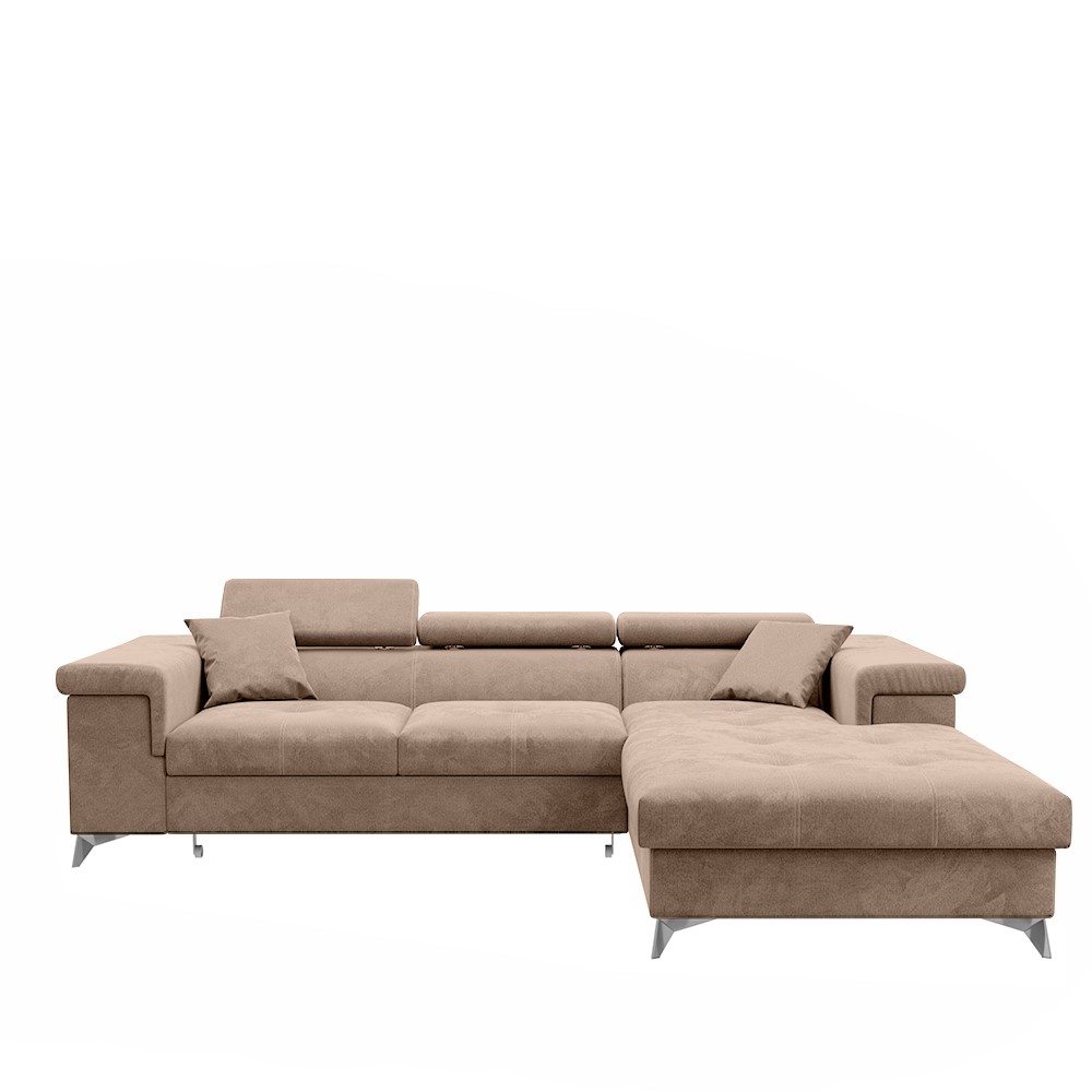 Narożnik z funkcją spania Mikkara L-kształtny z pojemnikiem brązowy w tkaninie hydrofobowej prawostronny - zdjęcie 1