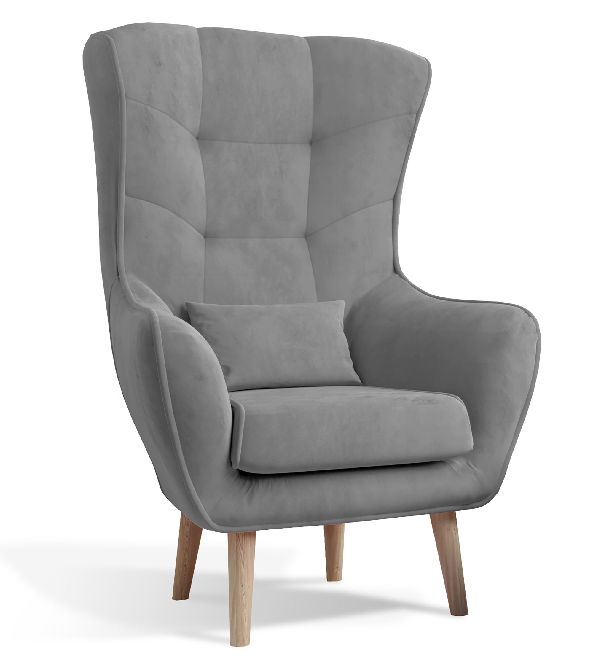 Fotel uszak Tices pikowany na drewnianych nogach szary welwet hydrofobowy