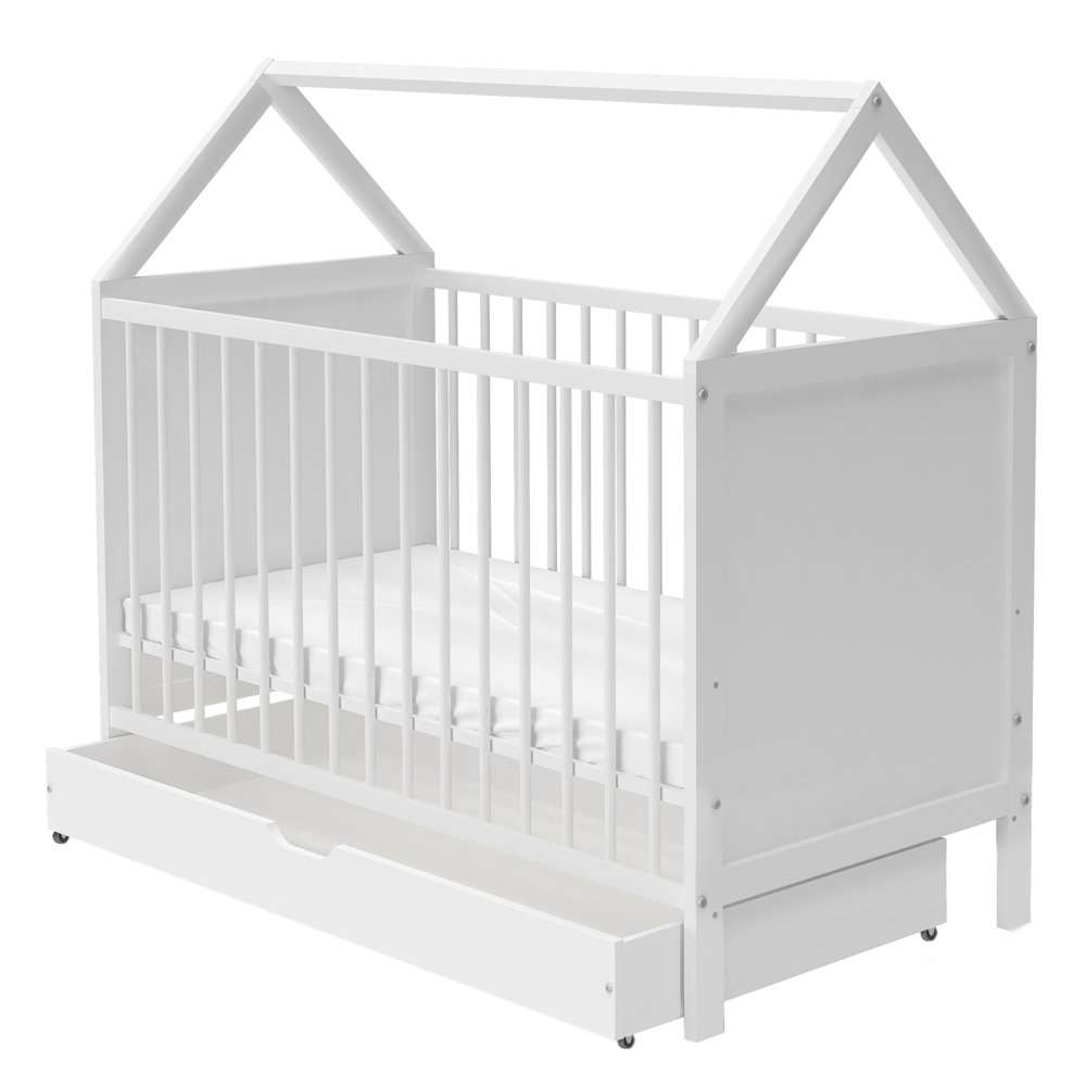 Łóżeczko dziecięce Annek drewniane z szufladą i materacem 60x120 cm białe - zdjęcie 1