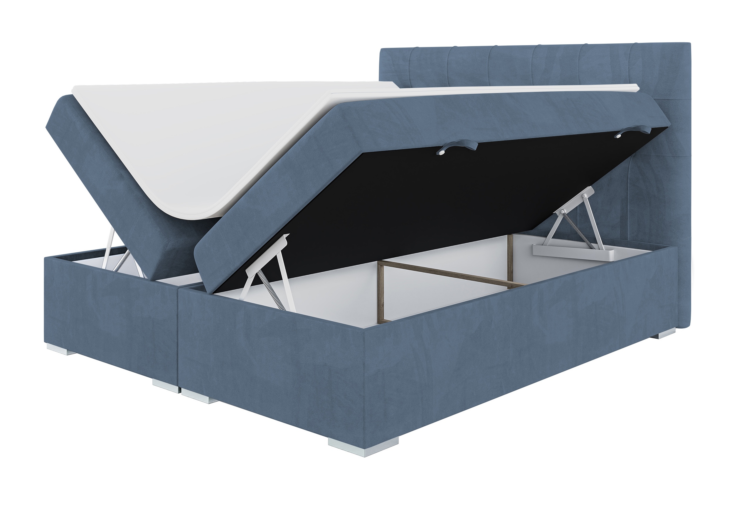 Łóżko kontynentalne 180x200 cm Tondela z pojemnikami i topperem niebieskie welur hydrofobowy - zdjęcie 1