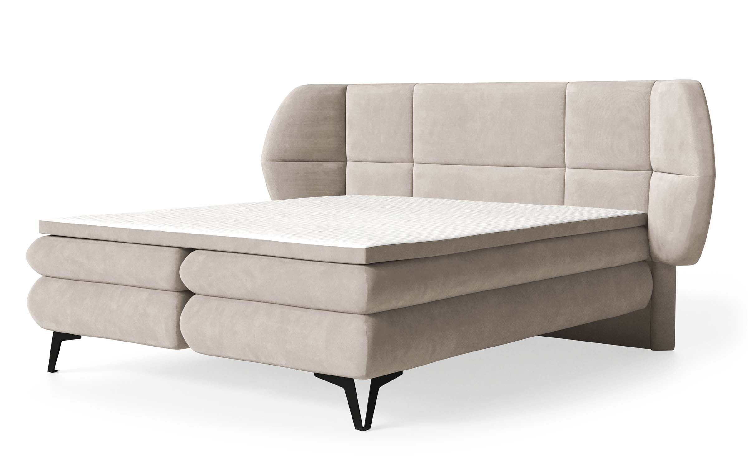 Łóżko kontynentalne 140x200 cm Cermone z pojemnikami i topperem panelowe przeszycia na wezgłowiu szarobeżowe - zdjęcie 1