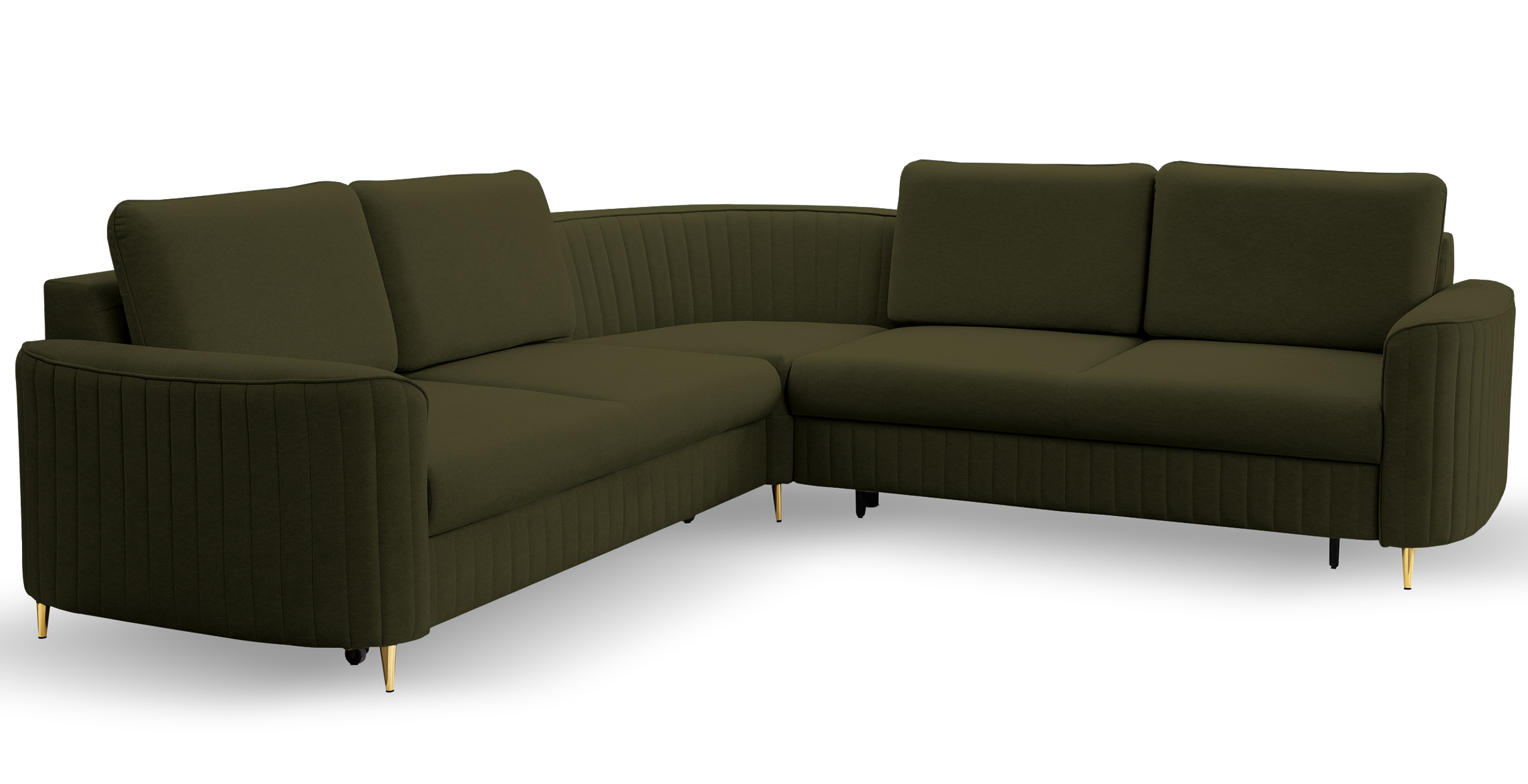 Narożnik z funkcją spania Pantano L-kształtny z pojemnikiem oliwkowy velvet łatwoczyszczący lewostronny