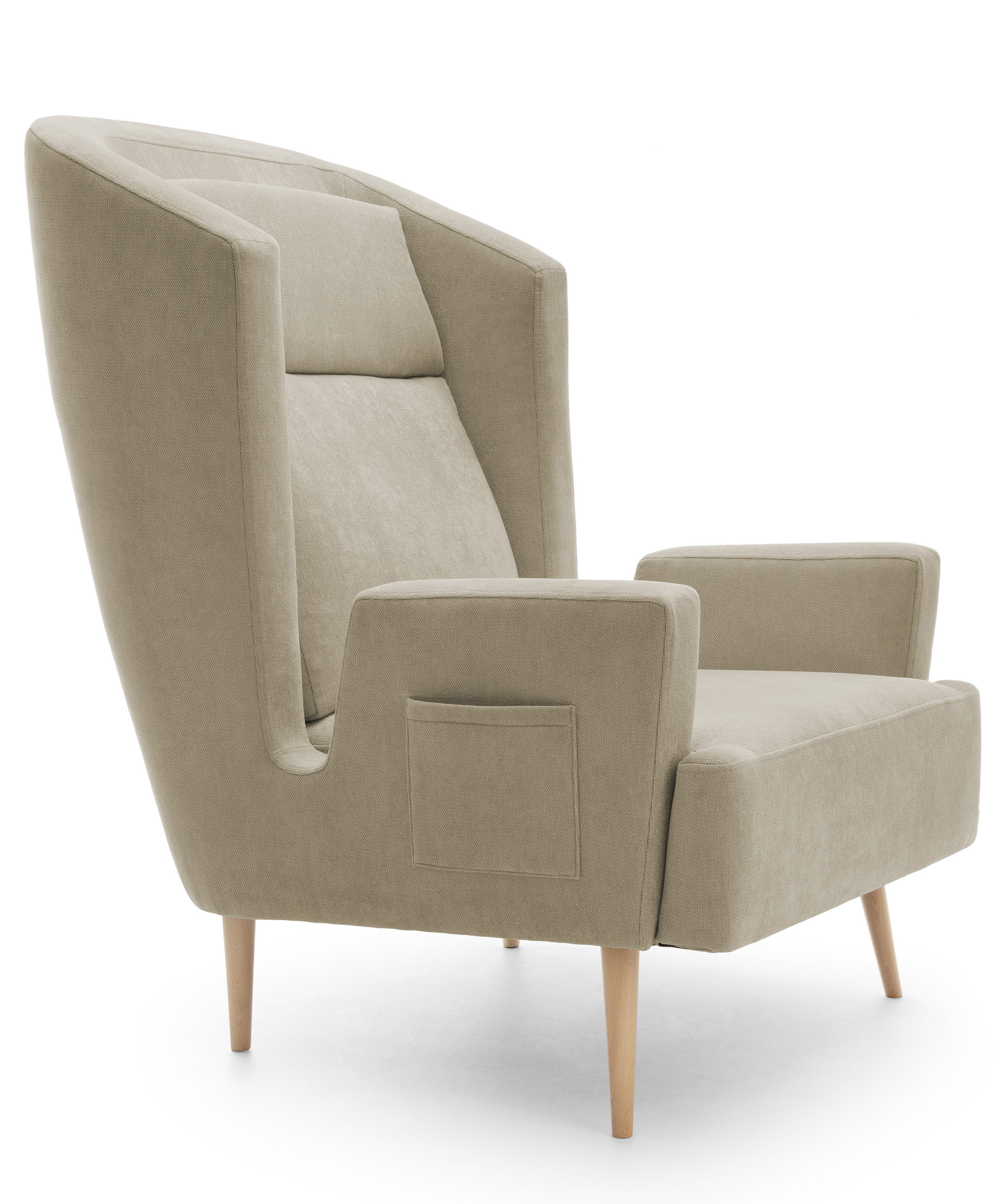 Fotel wypoczynkowy uszak Tegmine z gazetnikiem w podłokietniku ciemnobeżowy plecionka hydrofobowa - zdjęcie 1