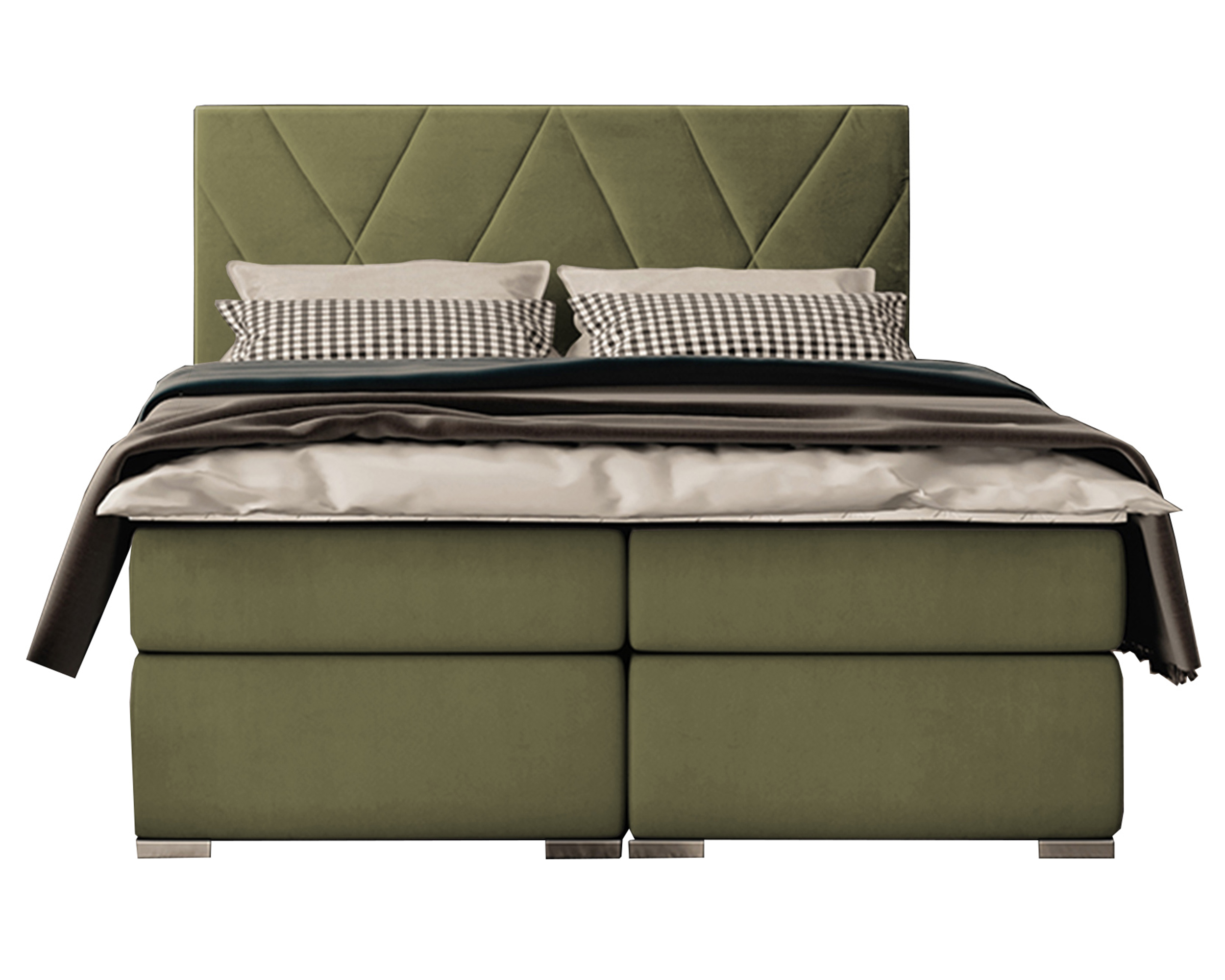 Łóżko kontynentalne 160x200 cm Korello z pojemnikami i topperem oliwkowe welur hydrofobowy - zdjęcie 1