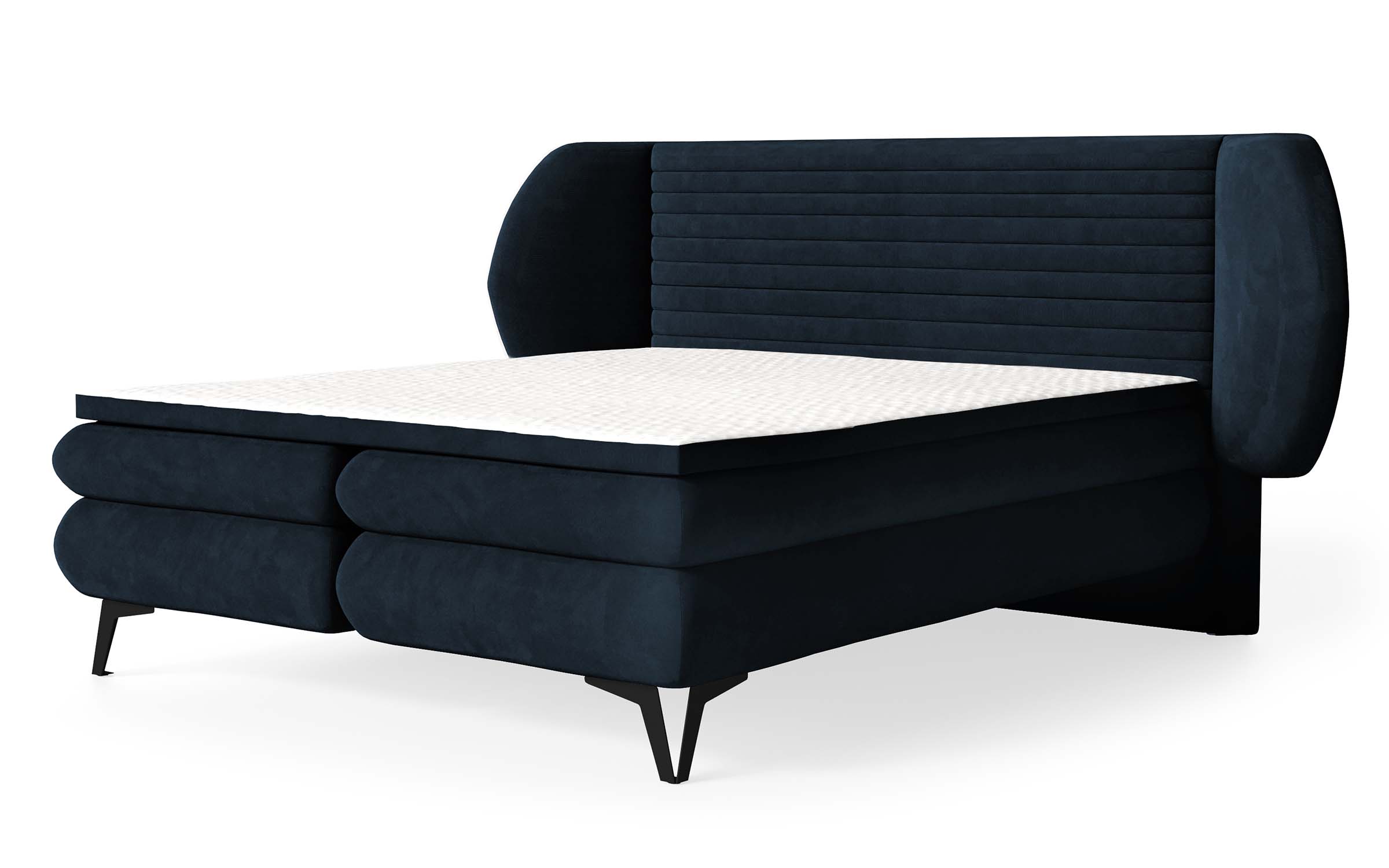 Łóżko kontynentalne 160x200 cm Cermone z pojemnikami i topperem poziome przeszycia na wezgłowiu granatowe - zdjęcie 1
