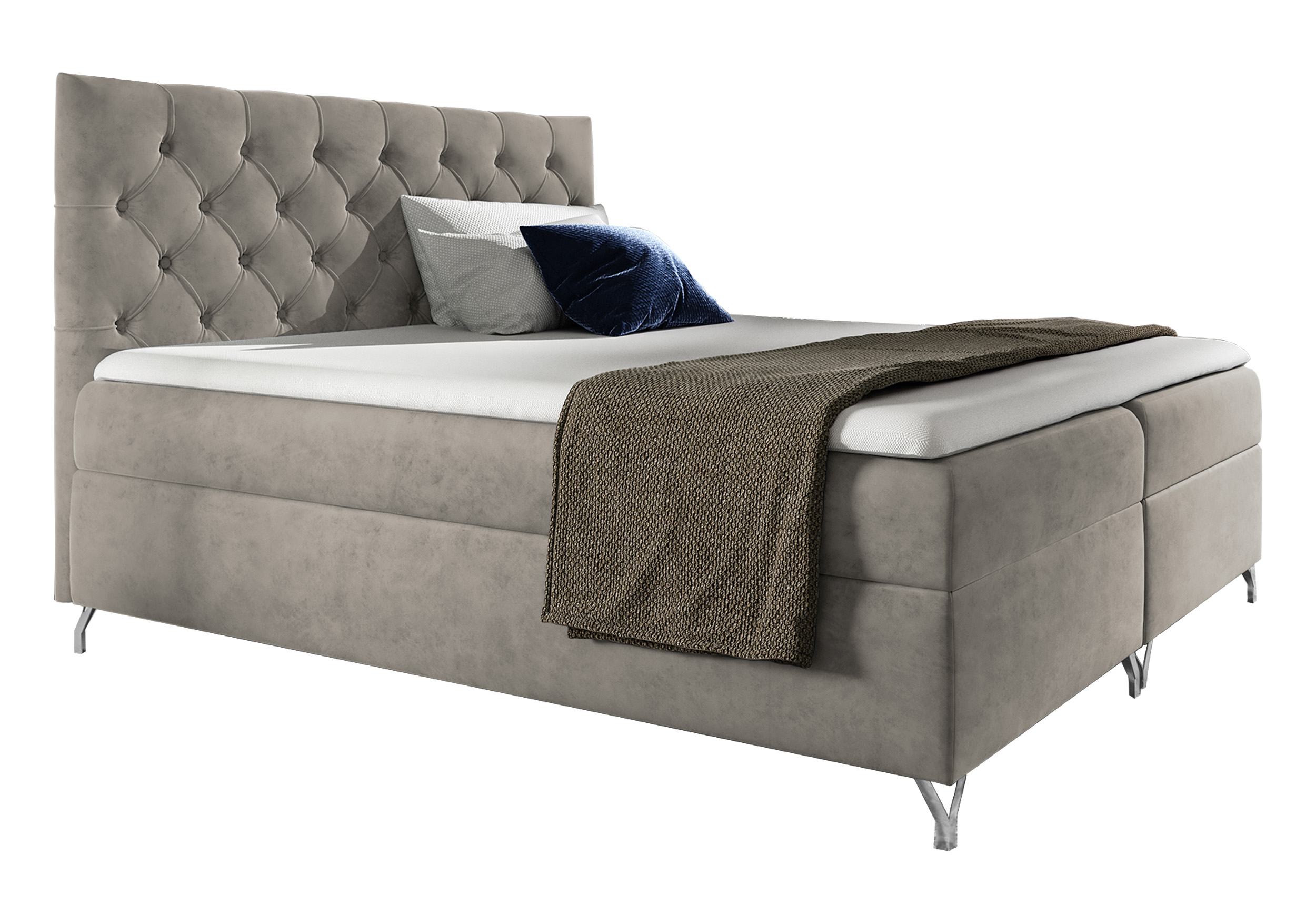 Łóżko kontynentalne Lozanna 140x200 z dwoma pojemnikami, materacem i topperem beżowe - zdjęcie 1