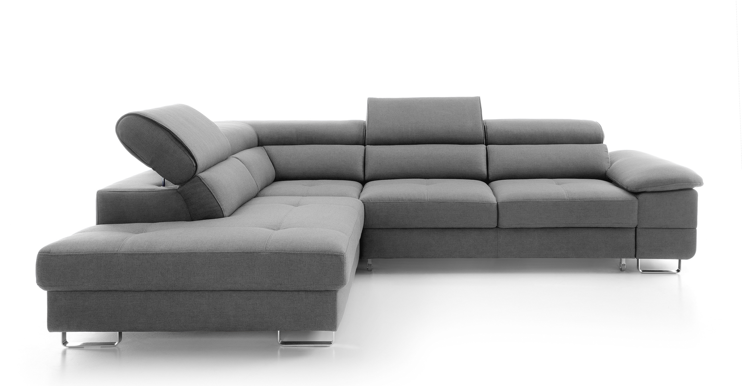 Narożnik z funkcją spania Lardos z pojemnikiem jasnoszary w tkaninie hydrofobowej plecionka prawostronny