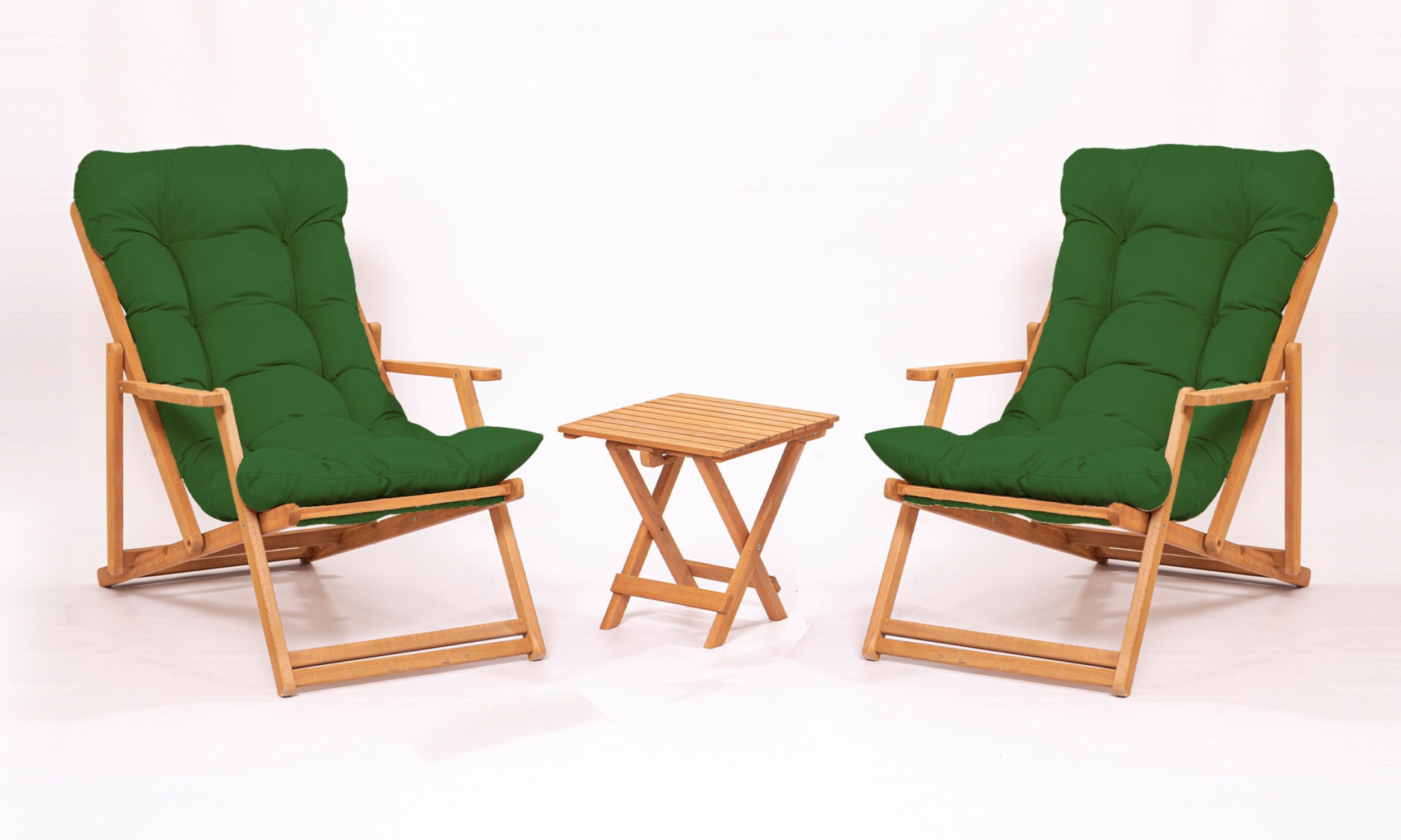 Zestaw drewnianych leżaków ogrodowych Viliess i stolika/ zielony poduchy - zdjęcie 1