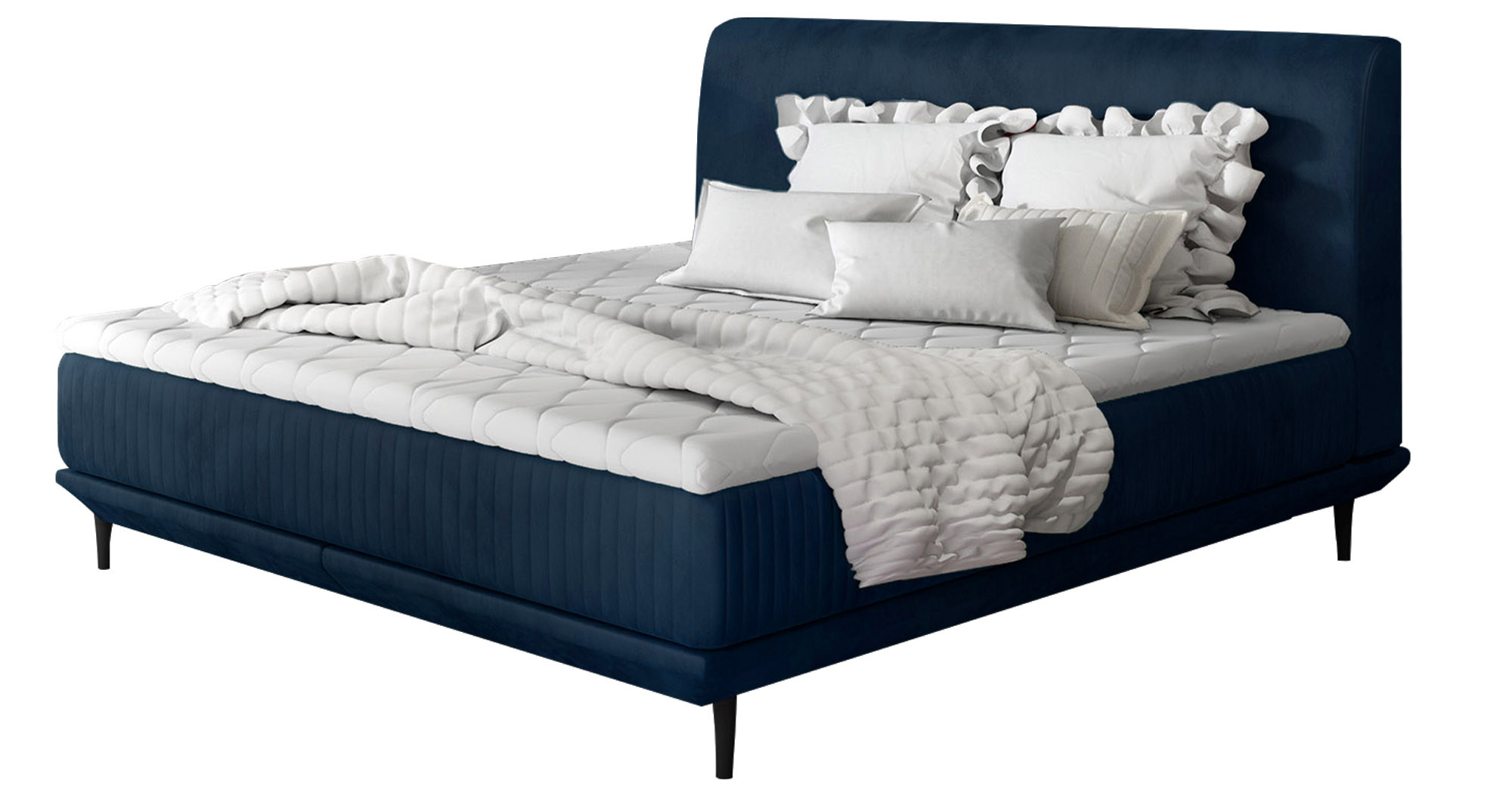 Łóżko tapicerowane Odelle 160x200 cm z materacem bonellowym i topperem granatowe welur hydrofobowy - zdjęcie 1