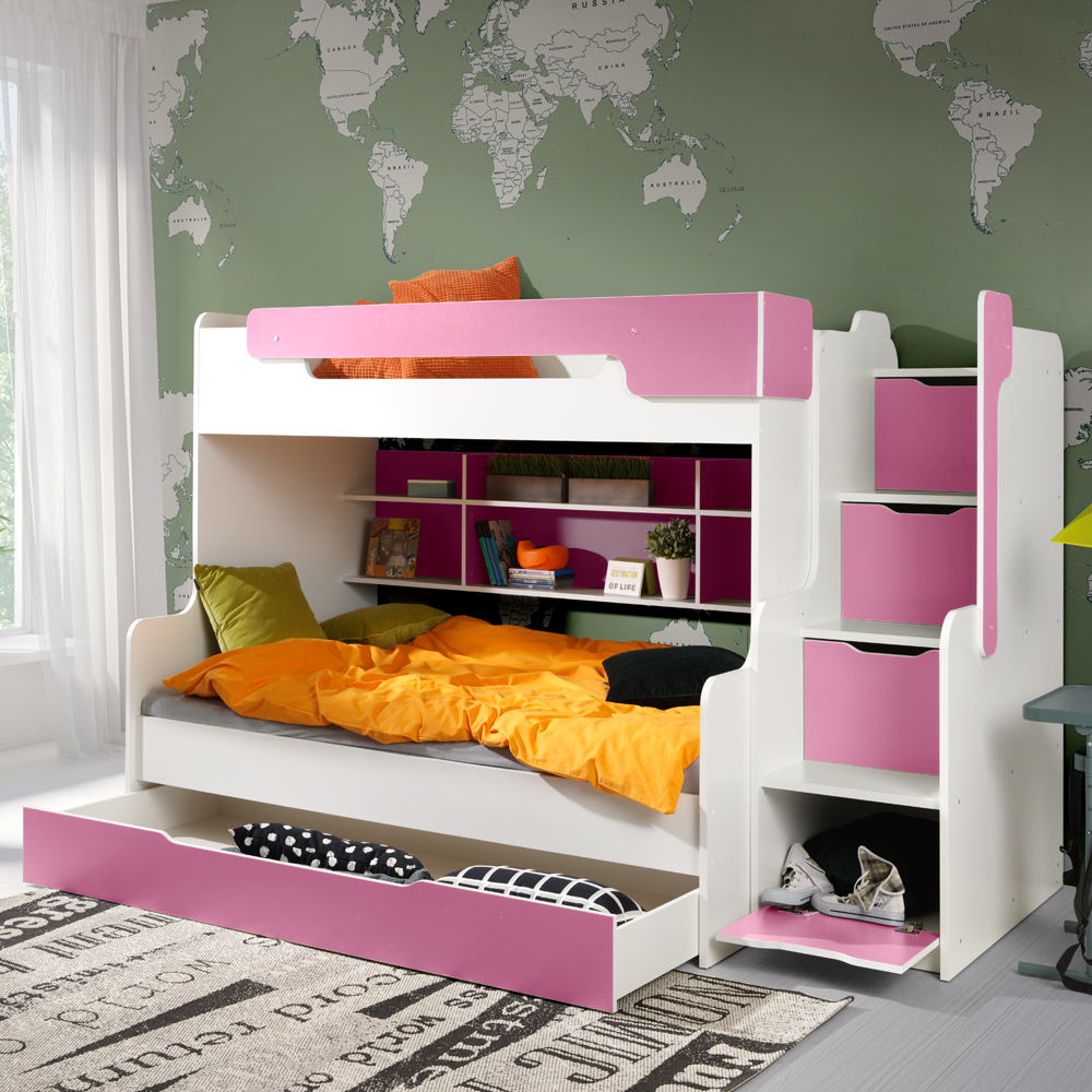 Łóżko piętrowe z dwoma posłaniami Ferreros z szufladą i schowkami Biały/Róż  - zdjęcie 5
