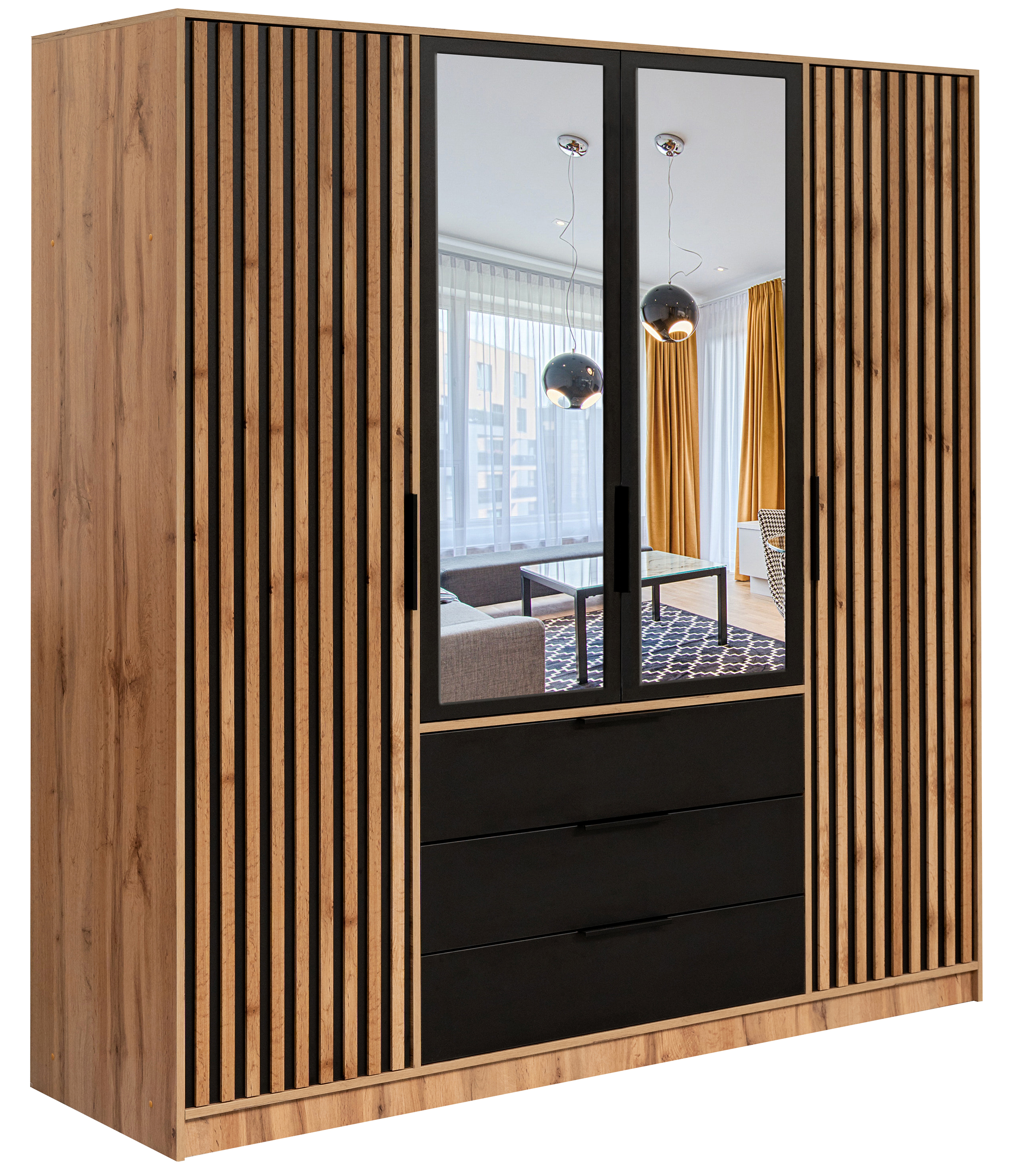 Szafa czterodrzwiowa Balie z lustrem i lamelami 196 cm dąb wotan / czarny - zdjęcie 1