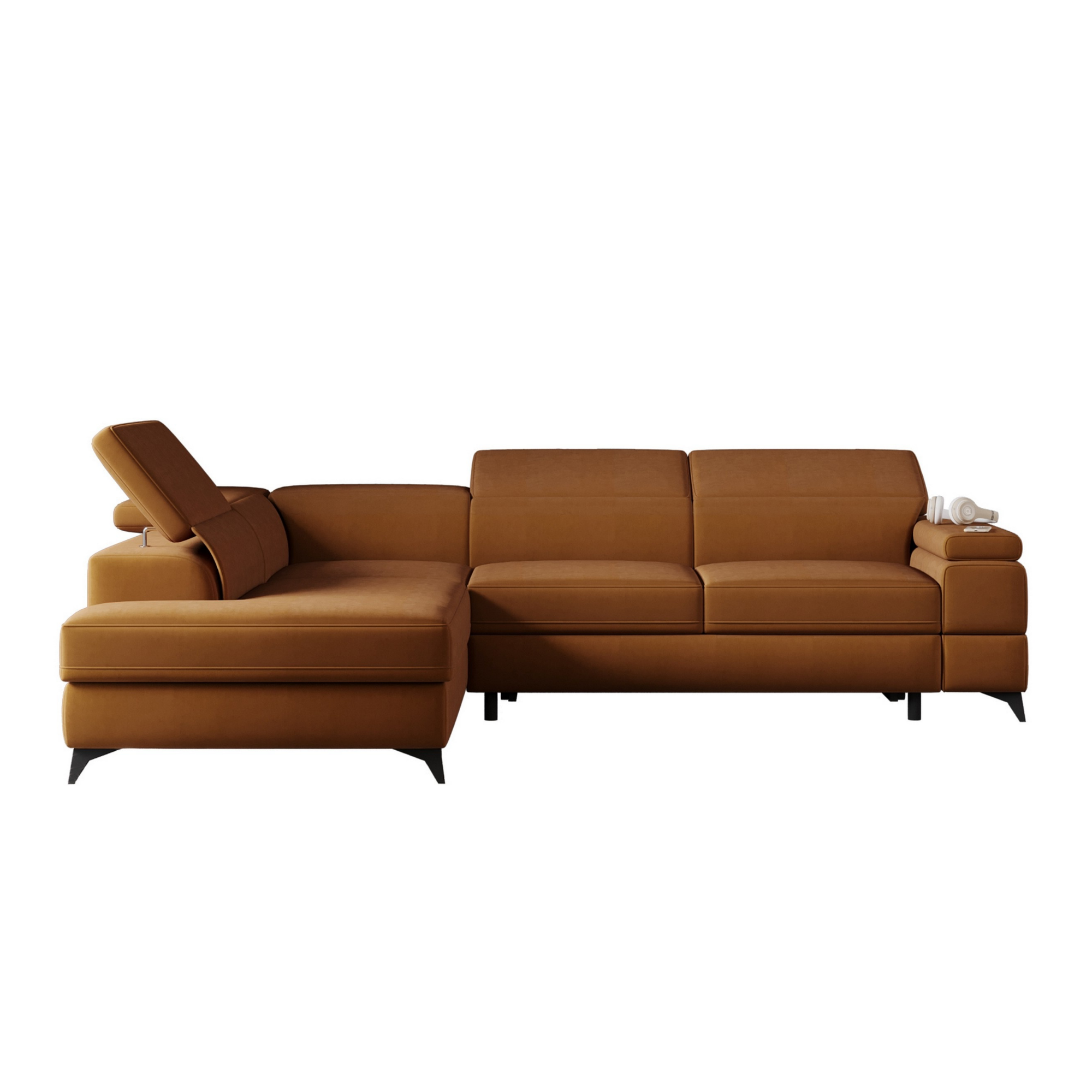 Narożnik rozkładany Fossanova L-kształtny z pojemnikiem lewostronny miedziany welur hydrofobowy