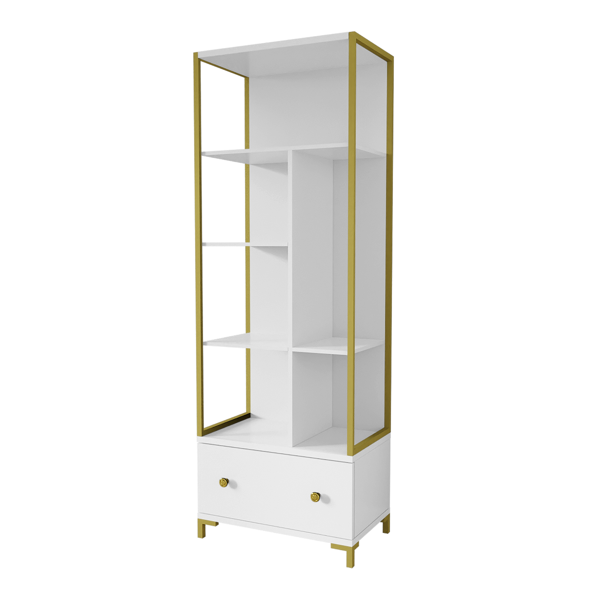 Regał otwarty Jorhat z szufladą biały ze złotymi nogami - zdjęcie 1