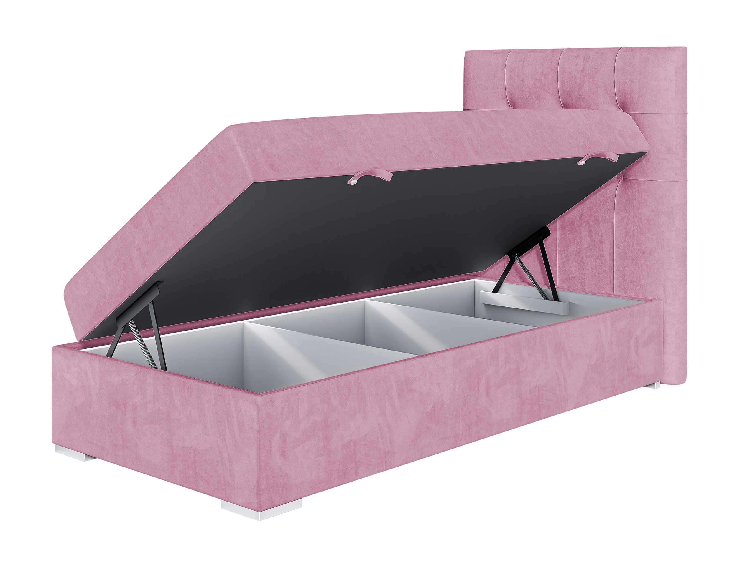 Łóżko kontynentalne 90x200 cm Tondela z pojemnikiem i topperem różowe welur hydrofobowy prawostronne