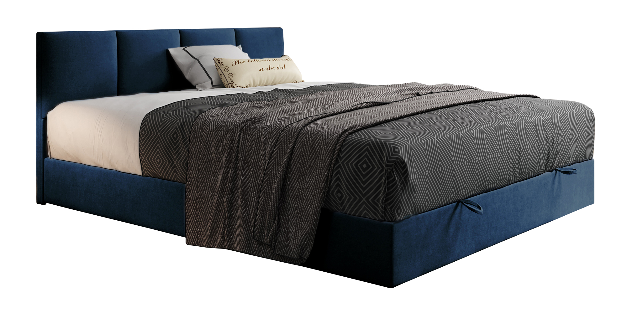 Łóżko kontynentalne 160x200 cm Rekand z pojemnikiem i topperem granatowe welur - zdjęcie 1