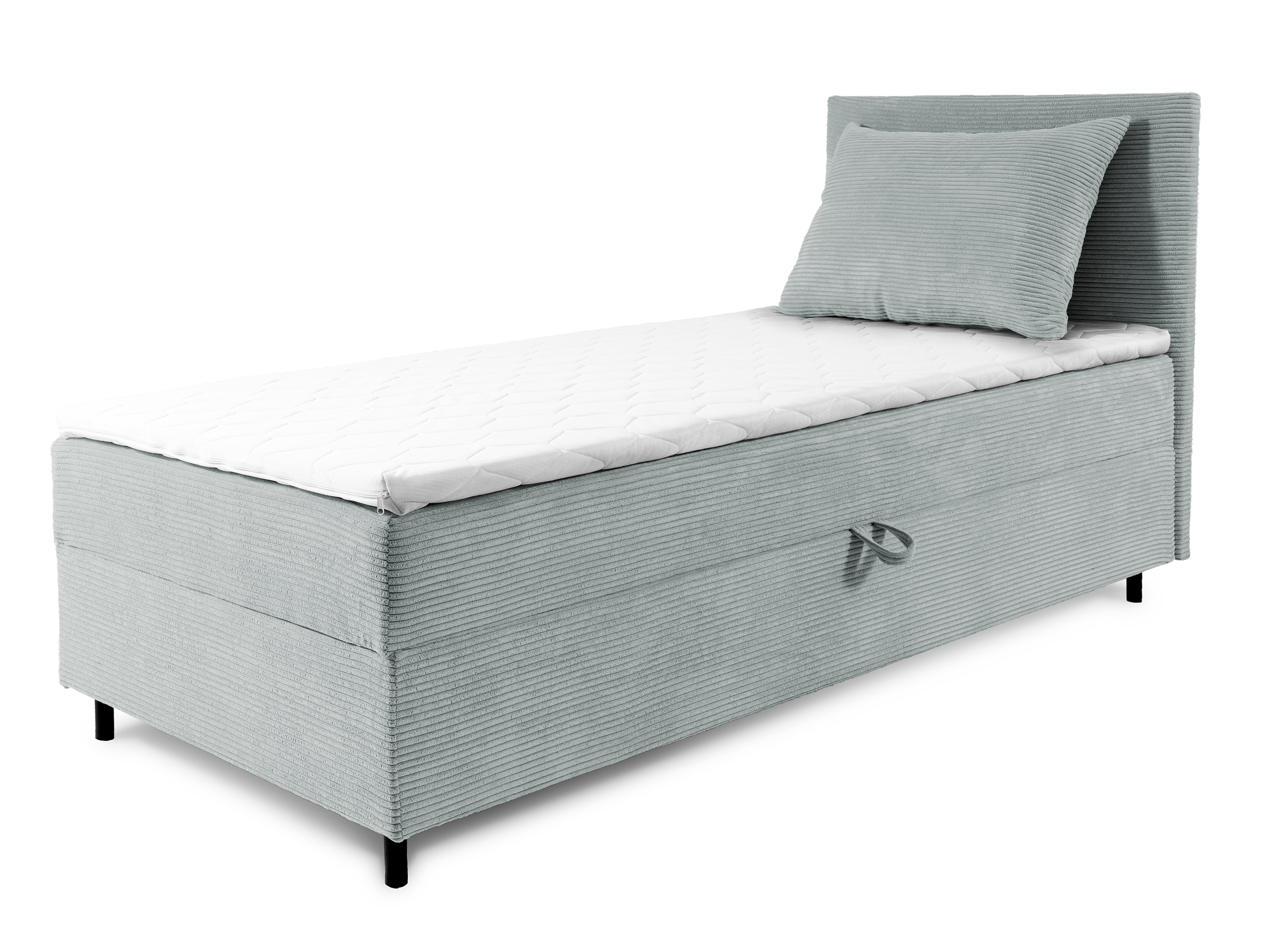 Łóżko kontynentalne jednosobowe Montigo Mini 100x200 cm z pojemnikiem, topperem i poduszką jasnoszare sztruks nogi czarne prawostronne - zdjęcie 1