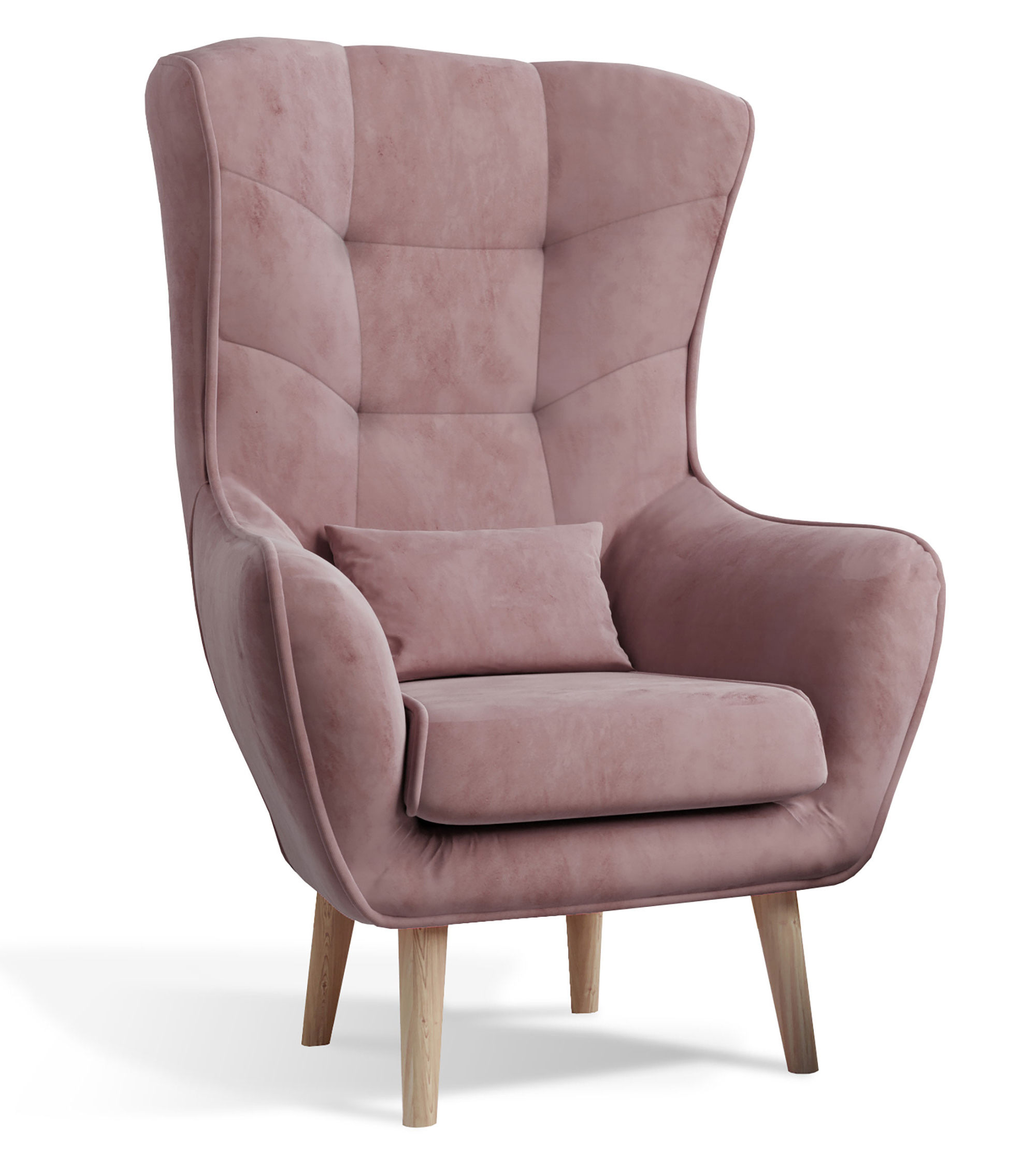 Fotel uszak Tices pikowany na drewnianych nogach różowy welwet hydrofobowy - zdjęcie 1