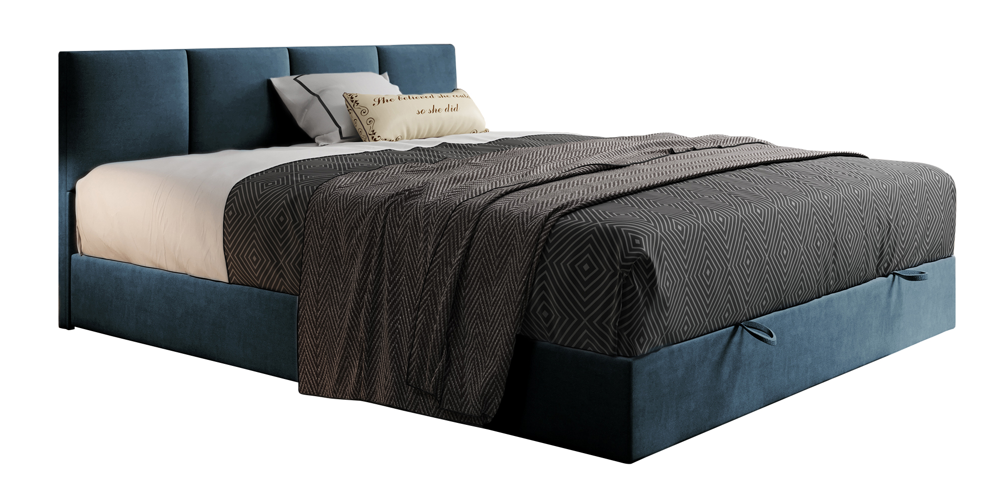 Łóżko kontynentalne 180x200 cm Rekand z pojemnikiem materacem kieszeniowym i topperem niebieskie welur - zdjęcie 1