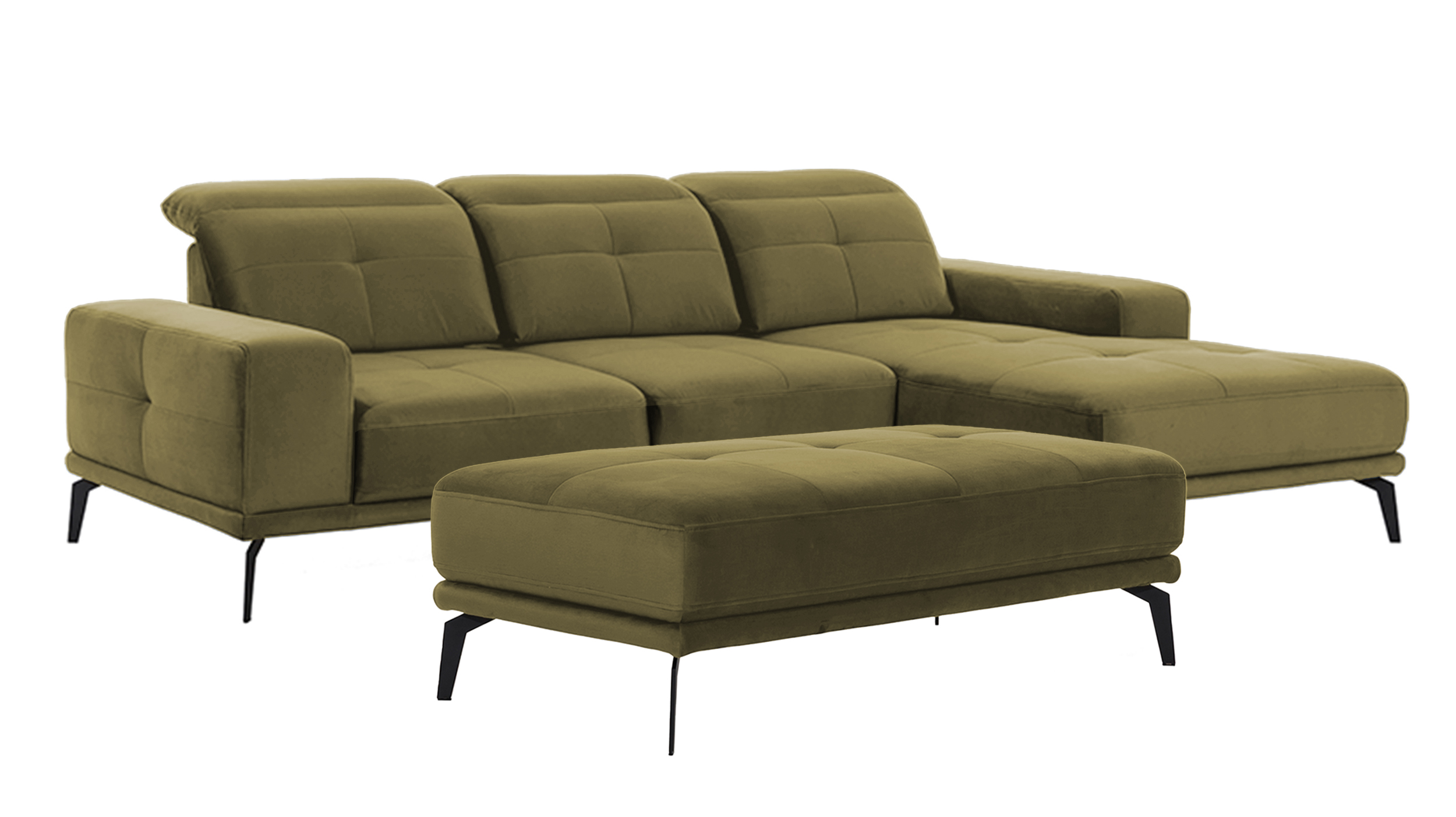 Narożnik z funkcją spania Alisario L-kształtny z pufą oliwkowy welwet hydrofobowy prawostronny - zdjęcie 1